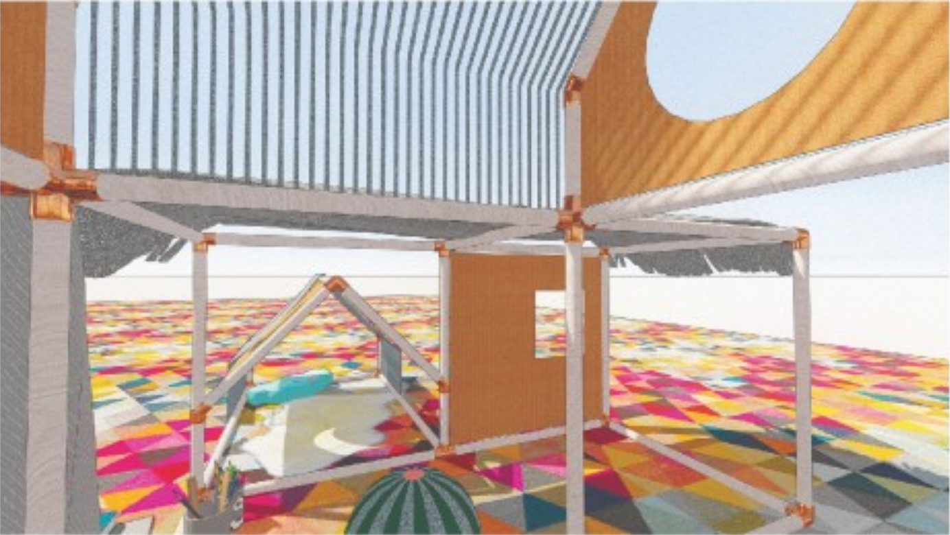 Interior view of the modular home system, using playful assembly logic to create a familiar and child-friendly living environment.