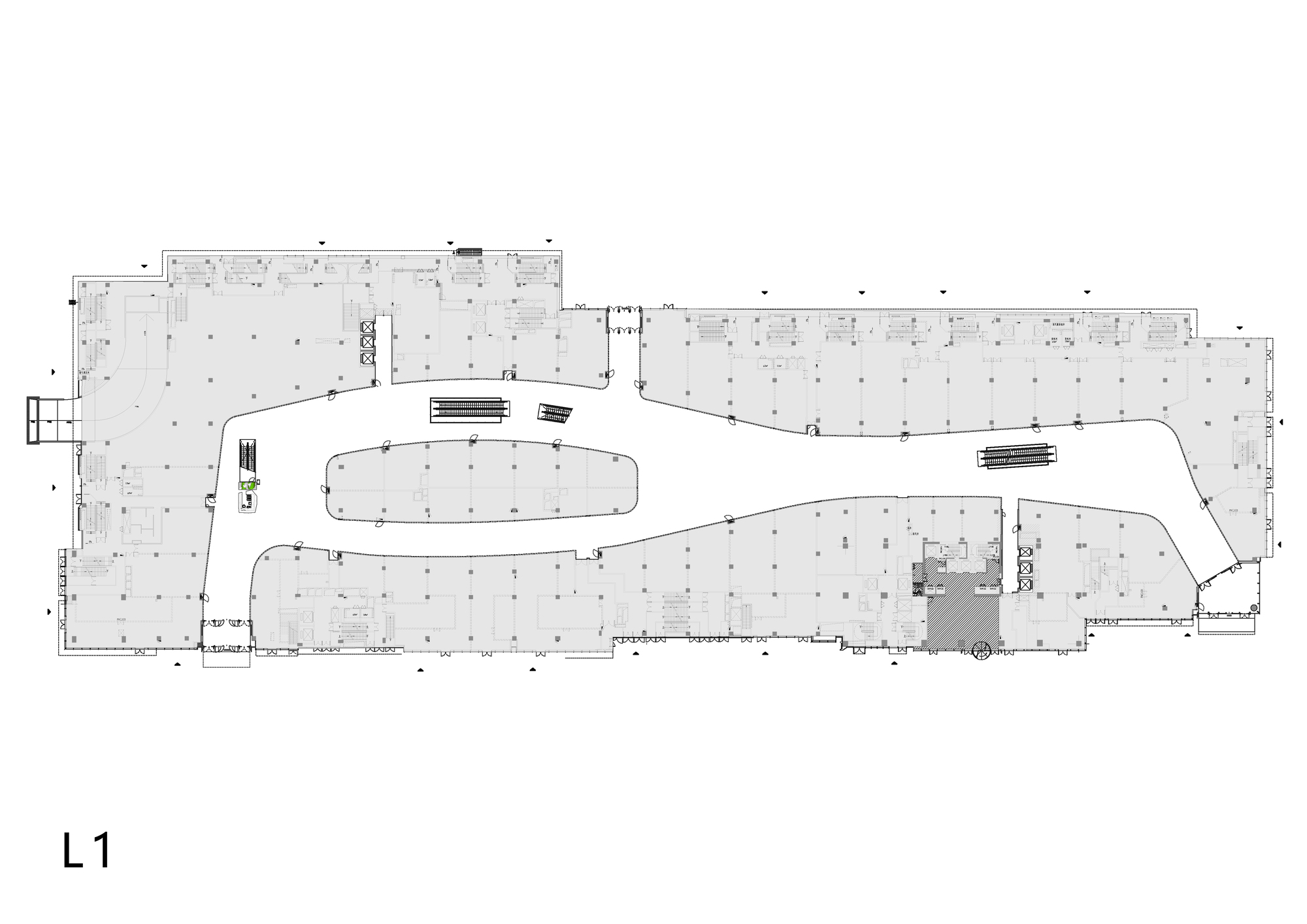 Floor plan drawing showing an elongated curved void bisecting a rectangular open floor plate