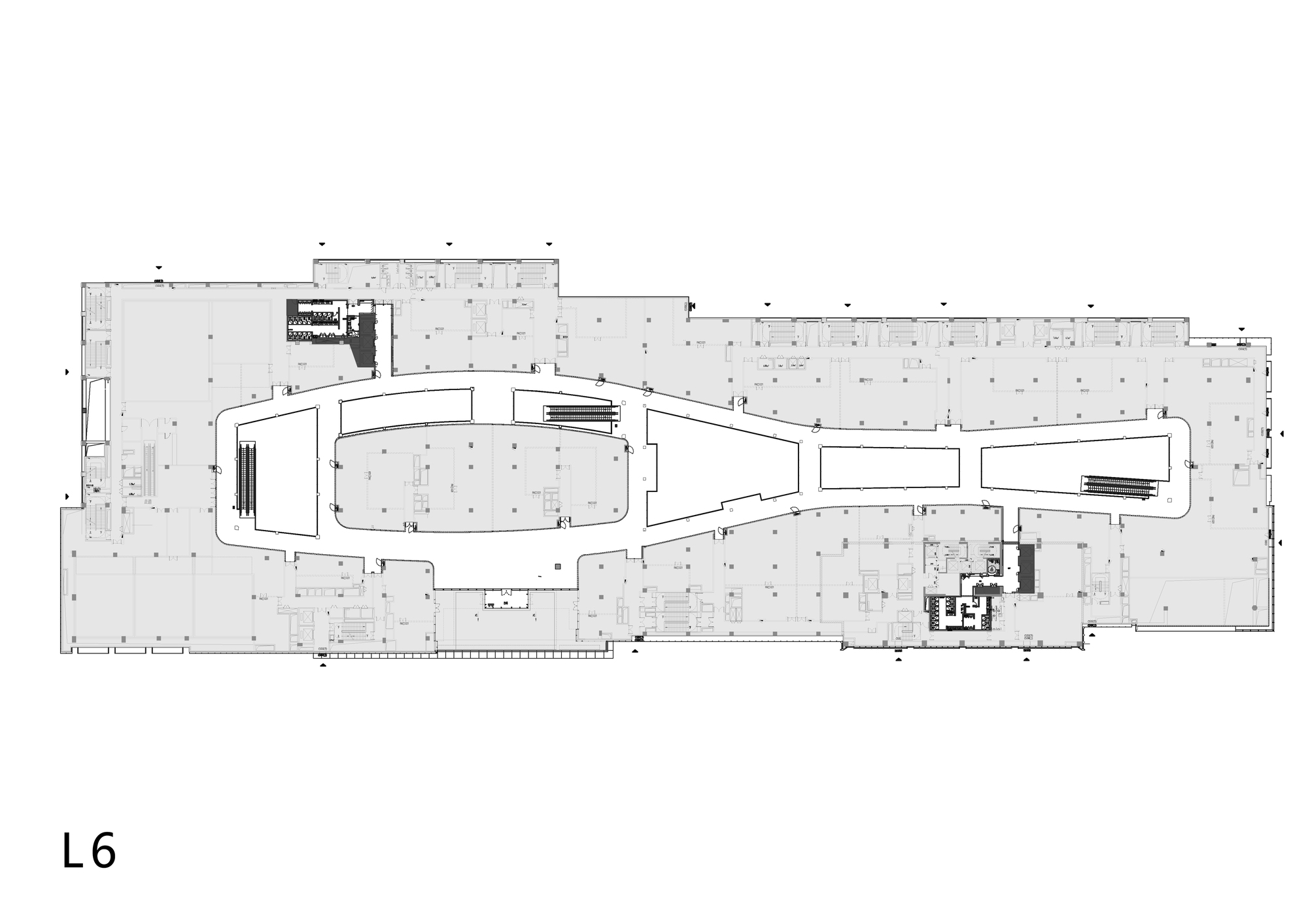 Floor plan drawing showing the curvilinear volume with expanded lower entry zone and service areas