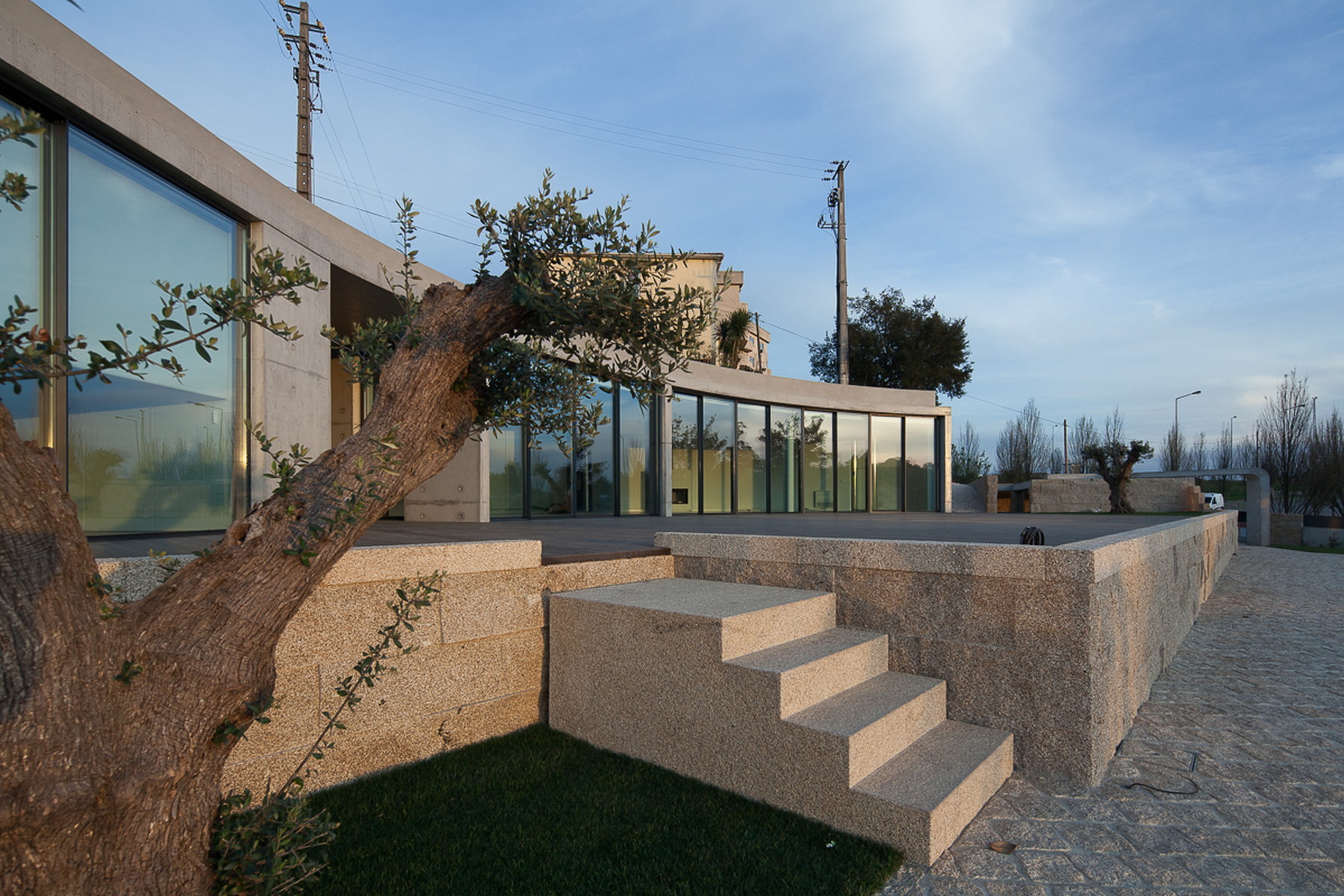 Granite steps and retaining walls beside a curved glass pavilion, with an olive trunk leaning across the frame at dusk