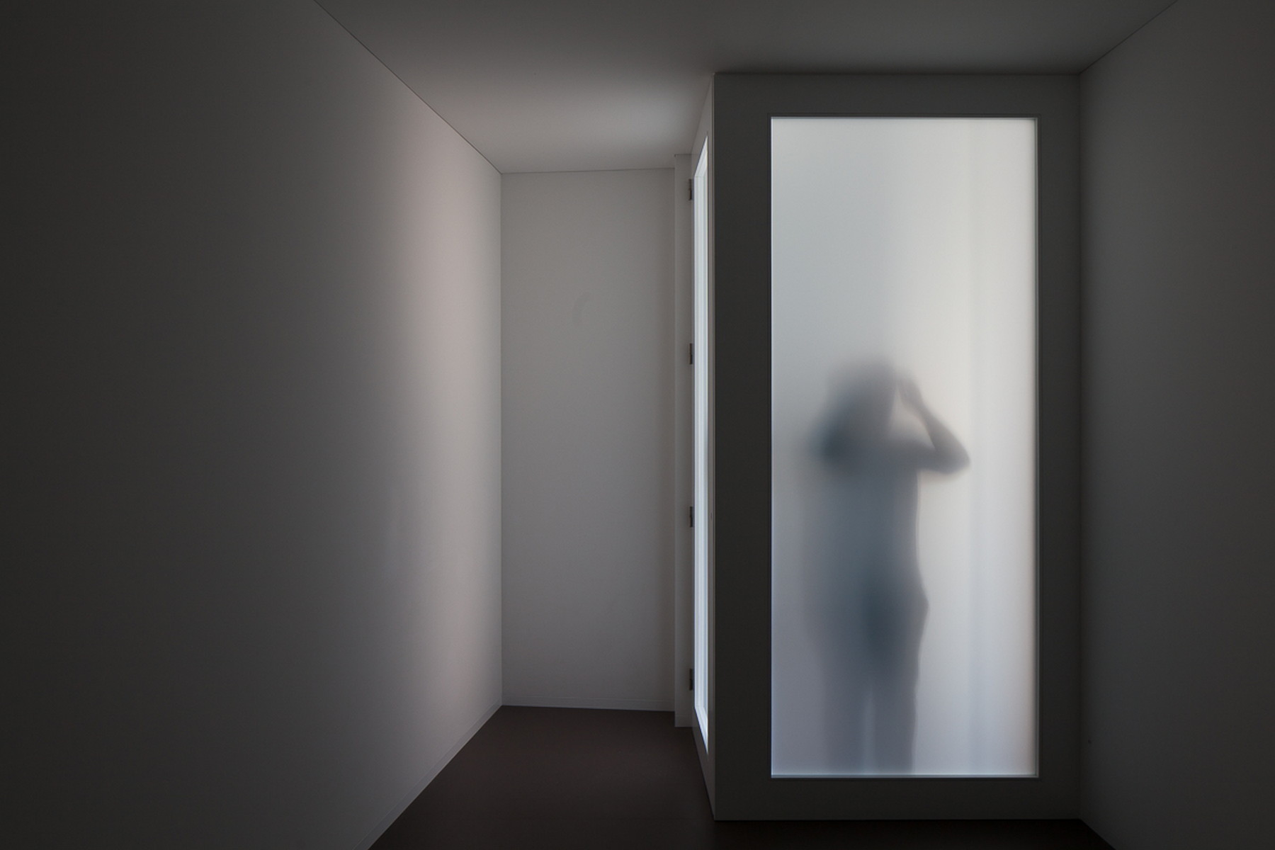 Dim interior corridor with a frosted glass panel showing the blurred silhouette of a person holding their head