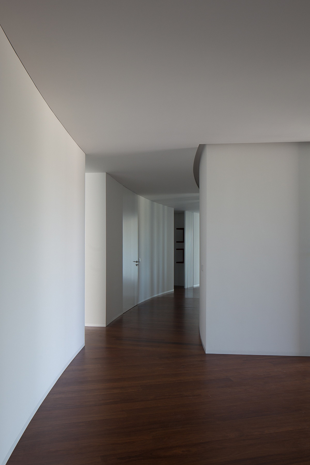 Curving white wall along a hallway with dark hardwood floor leading to a flush door in soft daylight