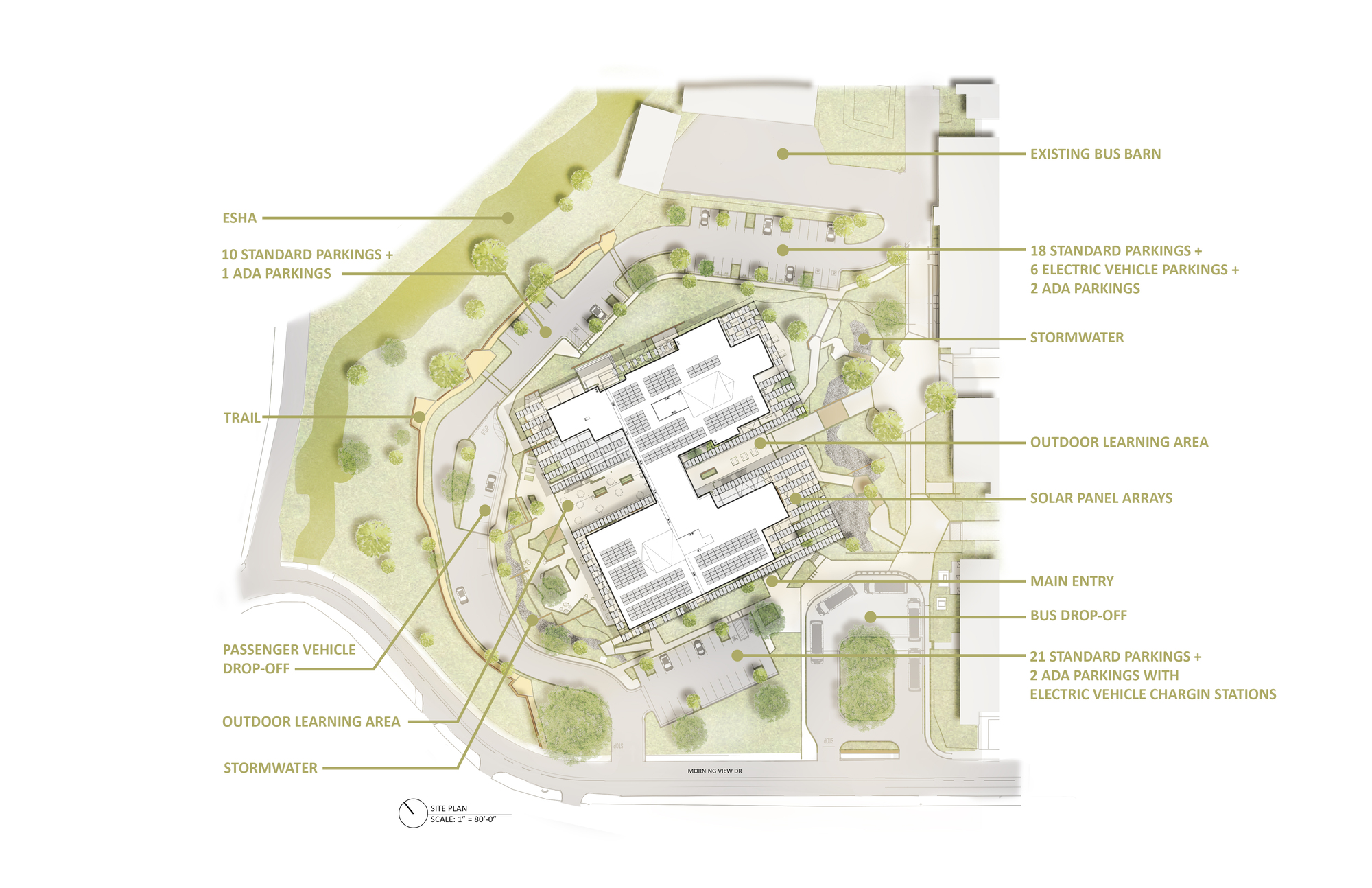 Site plan drawing showing curving access roads, parking areas, solar panel arrays, and outdoor learning spaces