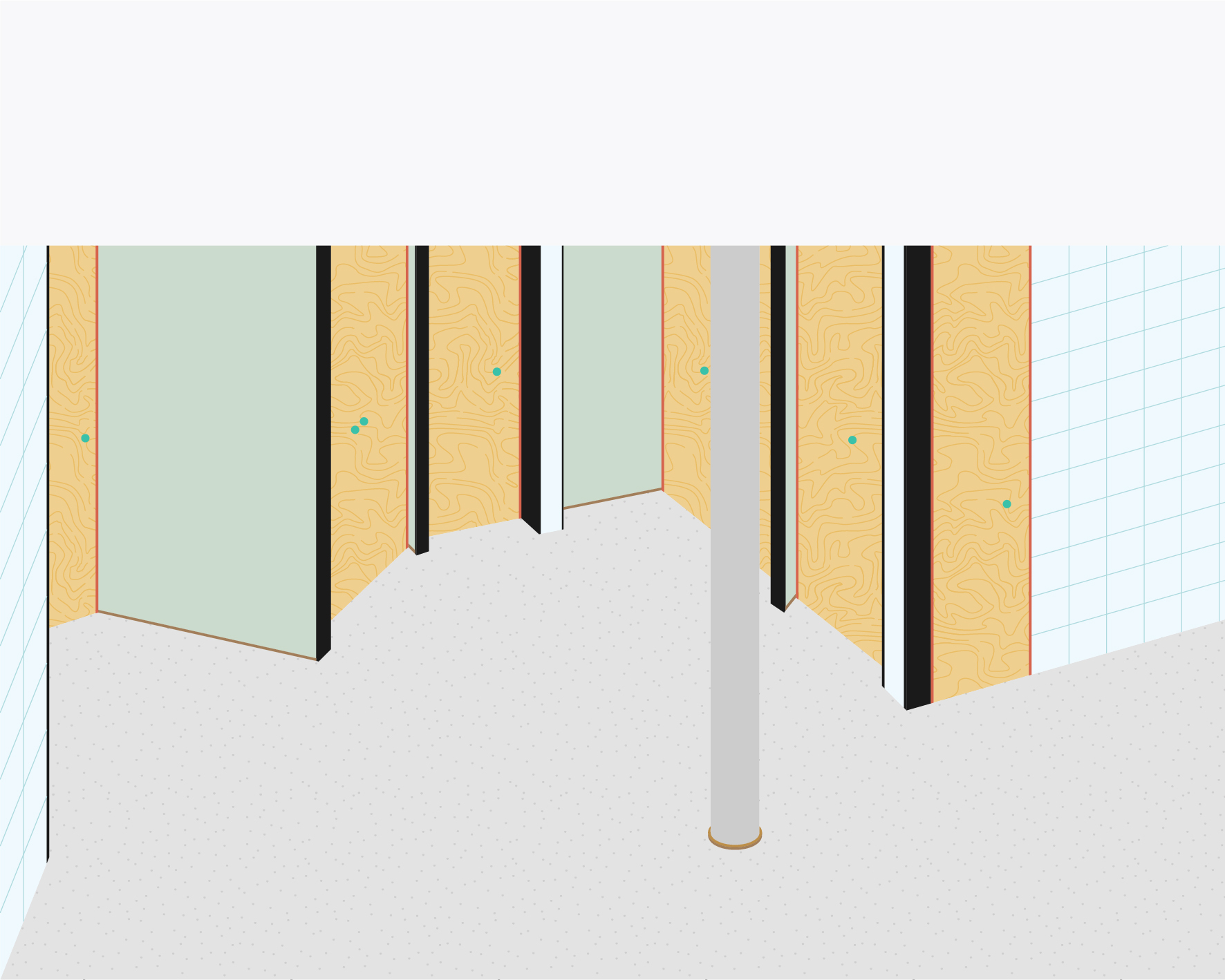 Axonometric drawing showing vertical partition panels in pale green and wood tones with black edging
