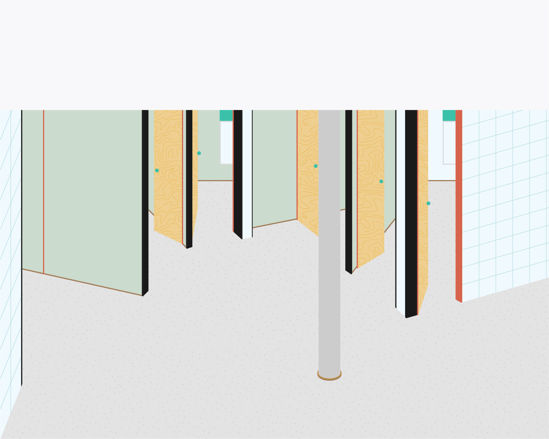 Axonometric drawing showing vertical partition panels with red accent trim and colored knobs