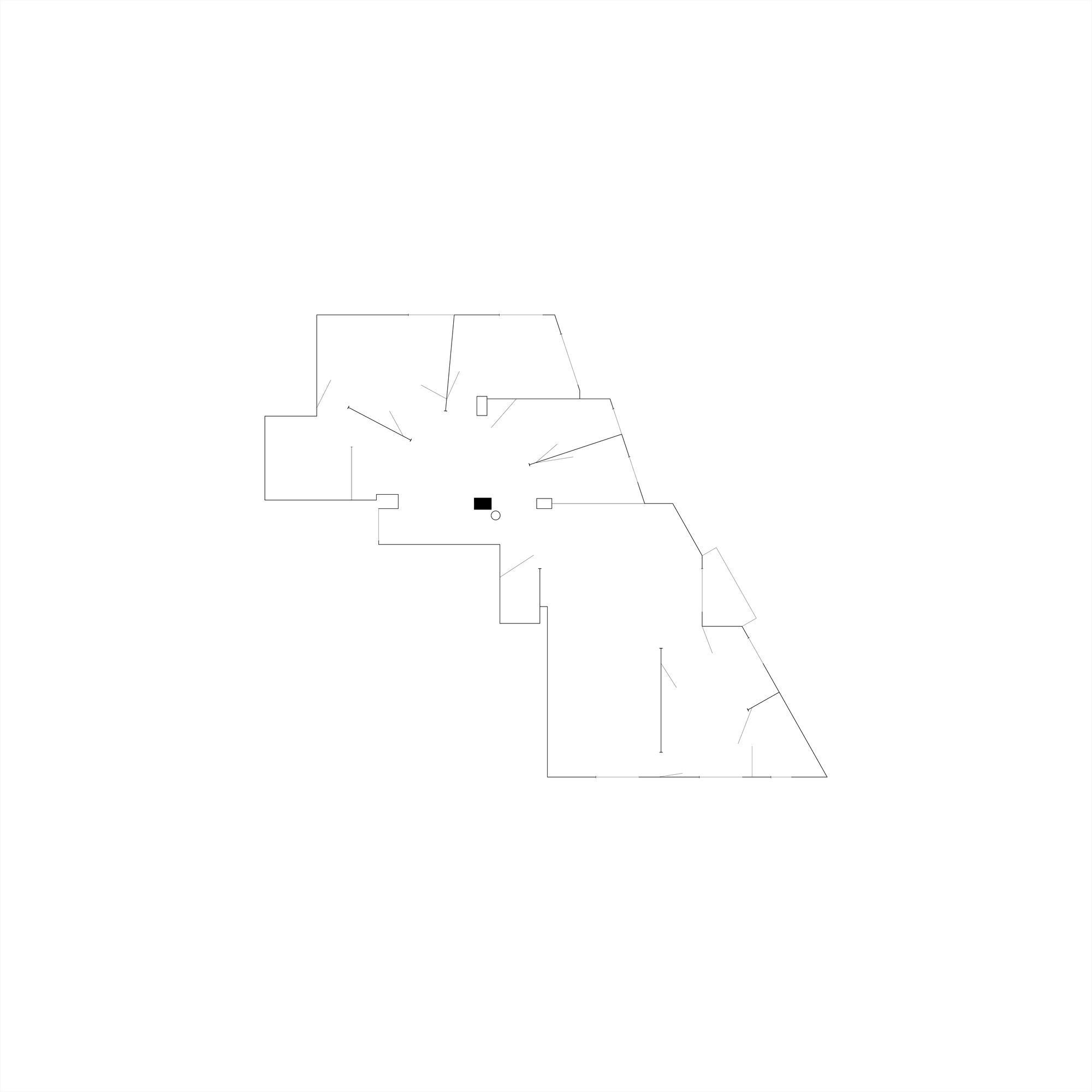 Floor plan drawing showing an irregular layout with angled walls and central stair
