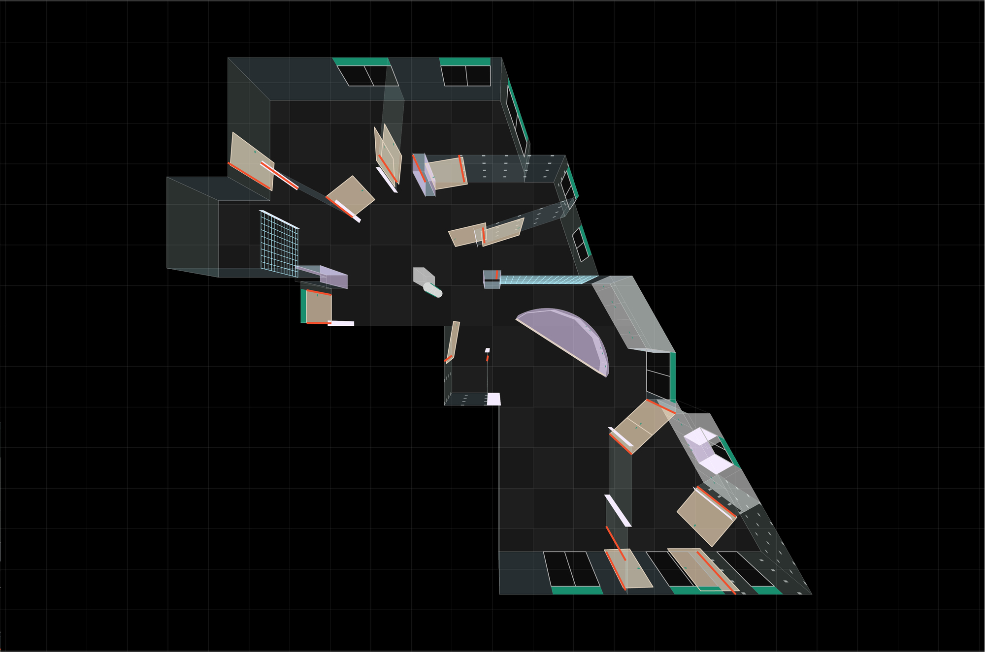 Axonometric drawing showing the complete interior layout with partition walls and material patterns rendered in color