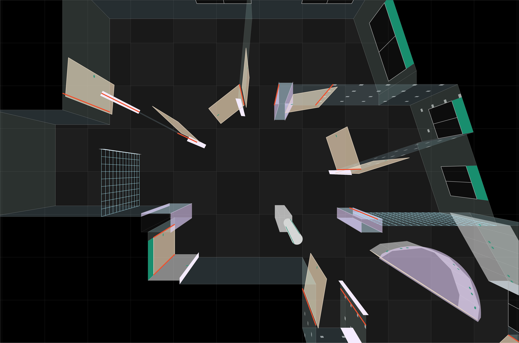 Top-down axonometric view showing dispersed wall panels, curved partitions and grid screens on a dark floor