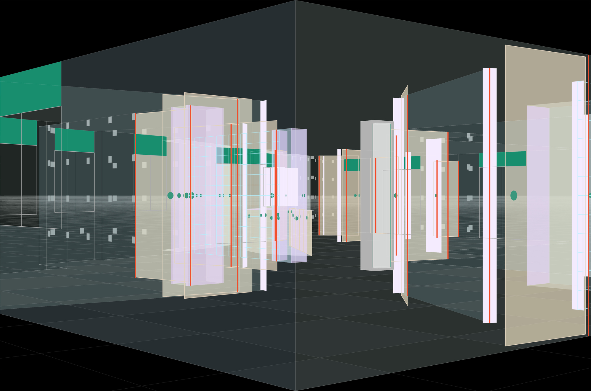 Axonometric drawing of an interior space with freestanding wall panels, vertical accents and tiled surfaces