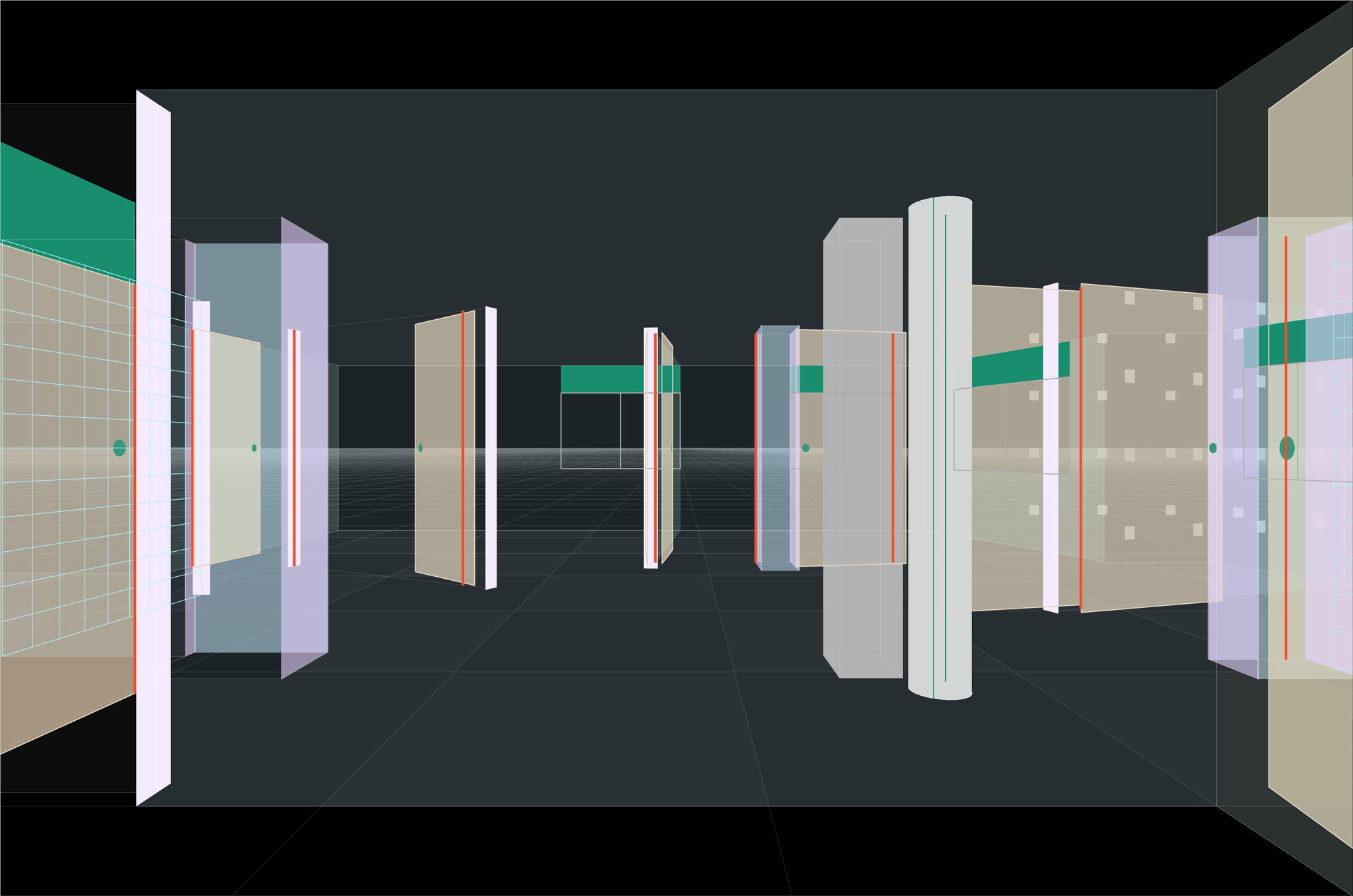 Eye-level axonometric view showing articulated wall panels with tile, solid and translucent surfaces arranged in sequence