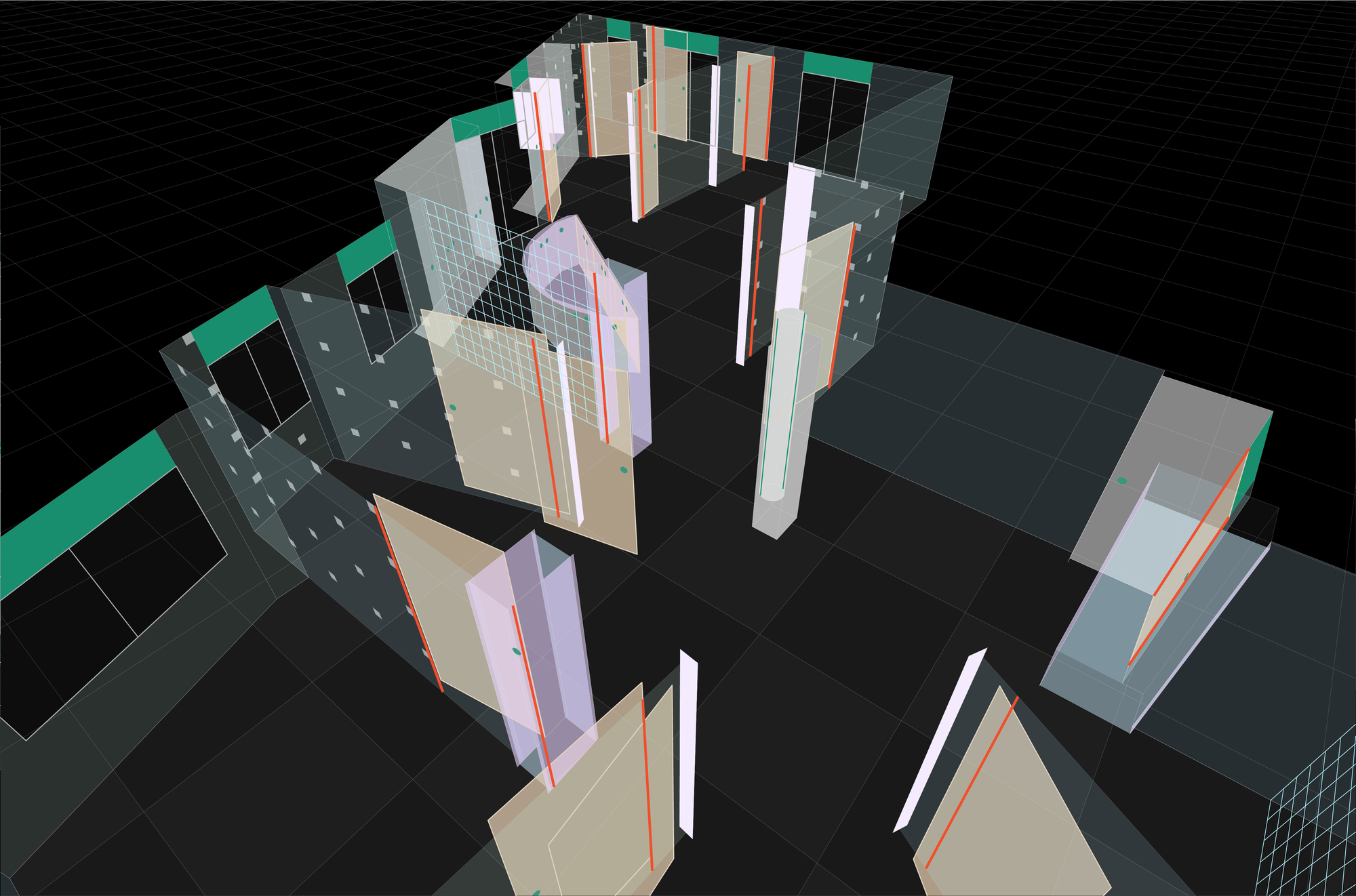 Aerial axonometric showing clustered wall elements with varied material finishes and green tile accents in grouped configuration