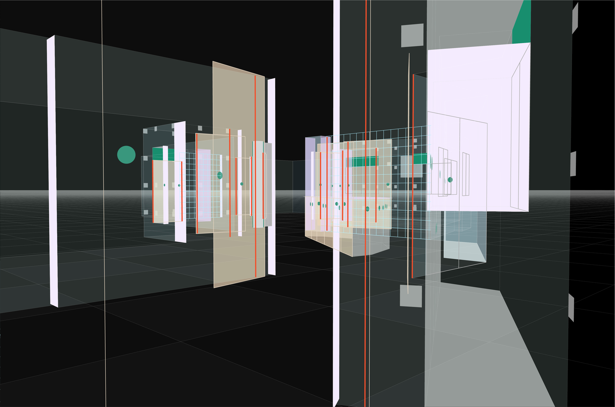 Split-view axonometric revealing suspended wall panels, doorway thresholds and tiled partitions in layered spatial arrangement