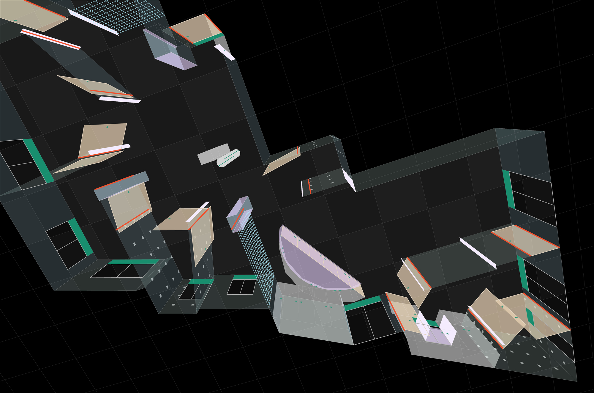 Oblique axonometric view displaying fragmented wall assemblies with curved elements, grid screens and green tile bands