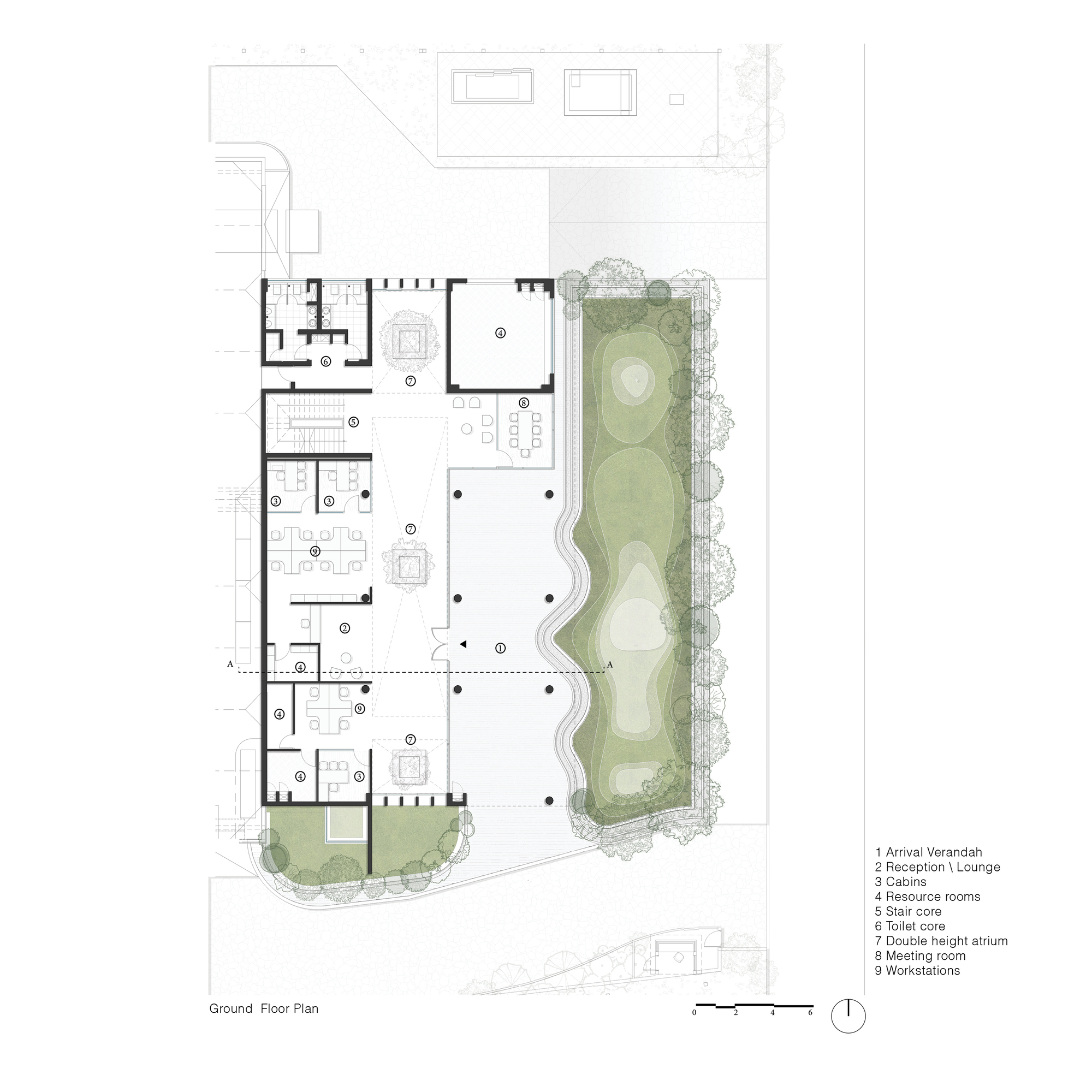 Ground floor plan showing office spaces arranged around a linear courtyard with landscaping