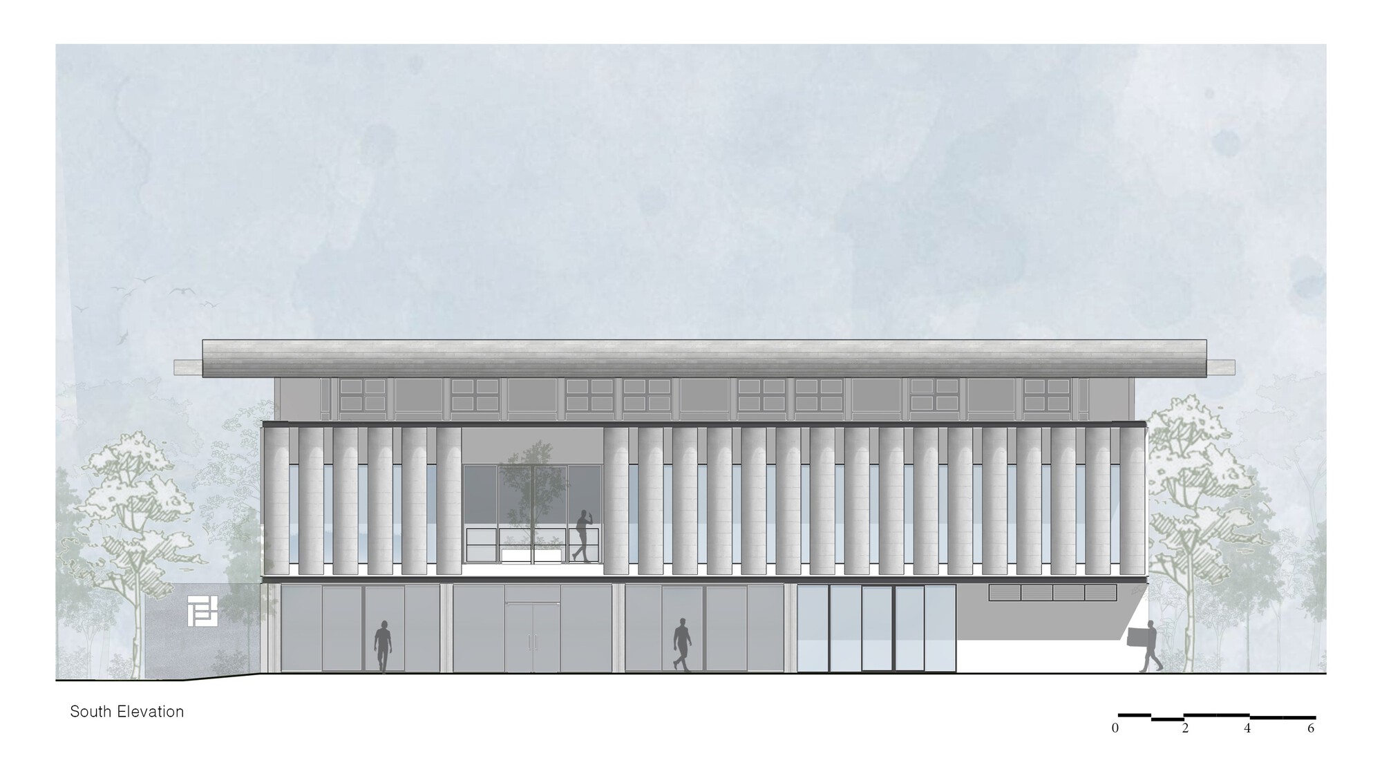 South elevation drawing showing a flat-roofed structure with vertical louvers and figures at ground level