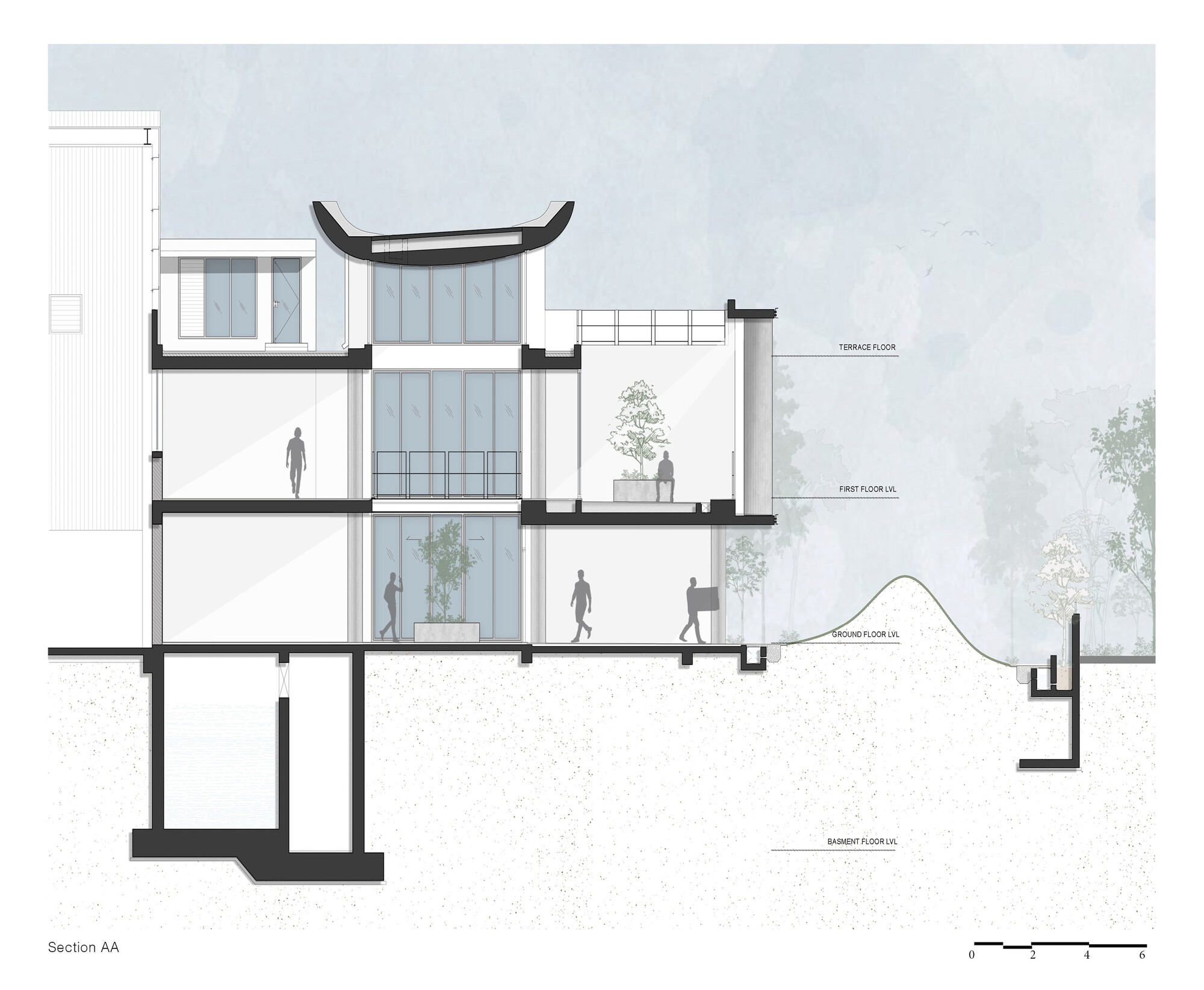 Section drawing revealing a multi-level interior with an upturned roof element and planted courtyard