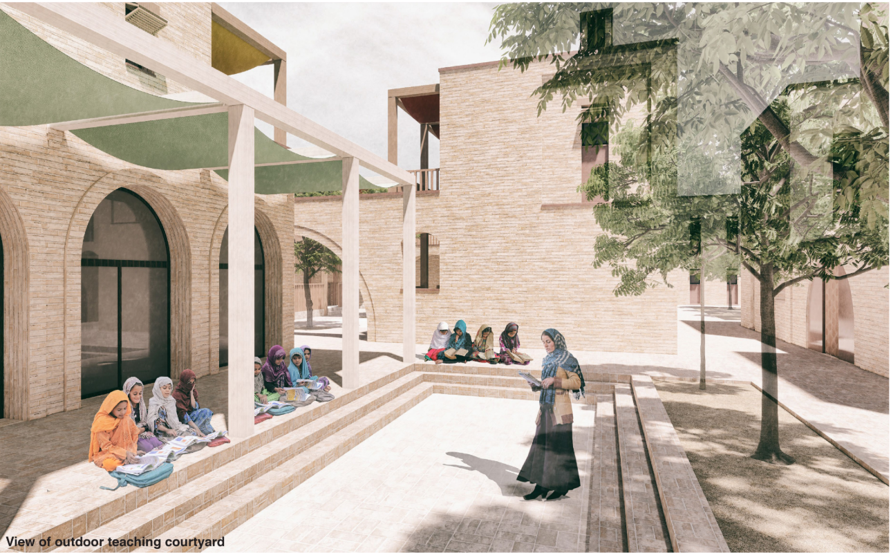 An outdoor teaching courtyard where architecture, landscape, and shared learning come together in an informal educational setting.