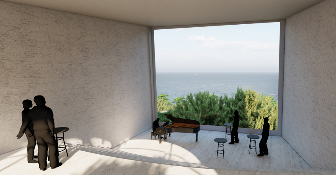 Intimate music space framing expansive views of the Caribbean Sea.