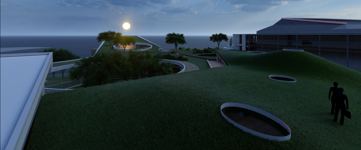 Green-roof landscape creating a continuous connection between architecture and nature.