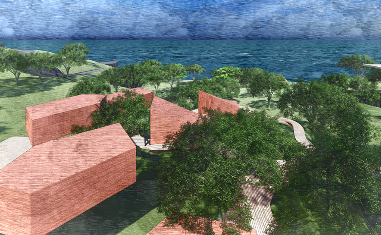 Treehouse retreat units nestled within the tropical landscape near the coast.