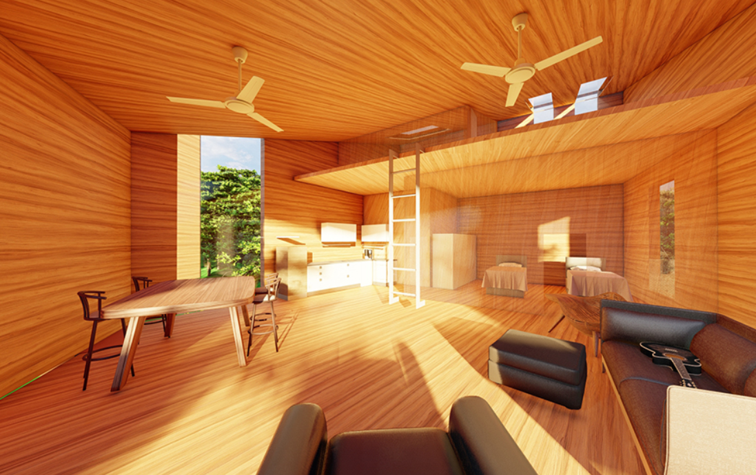 Warm timber interior designed for comfortable group stays and creative retreats.