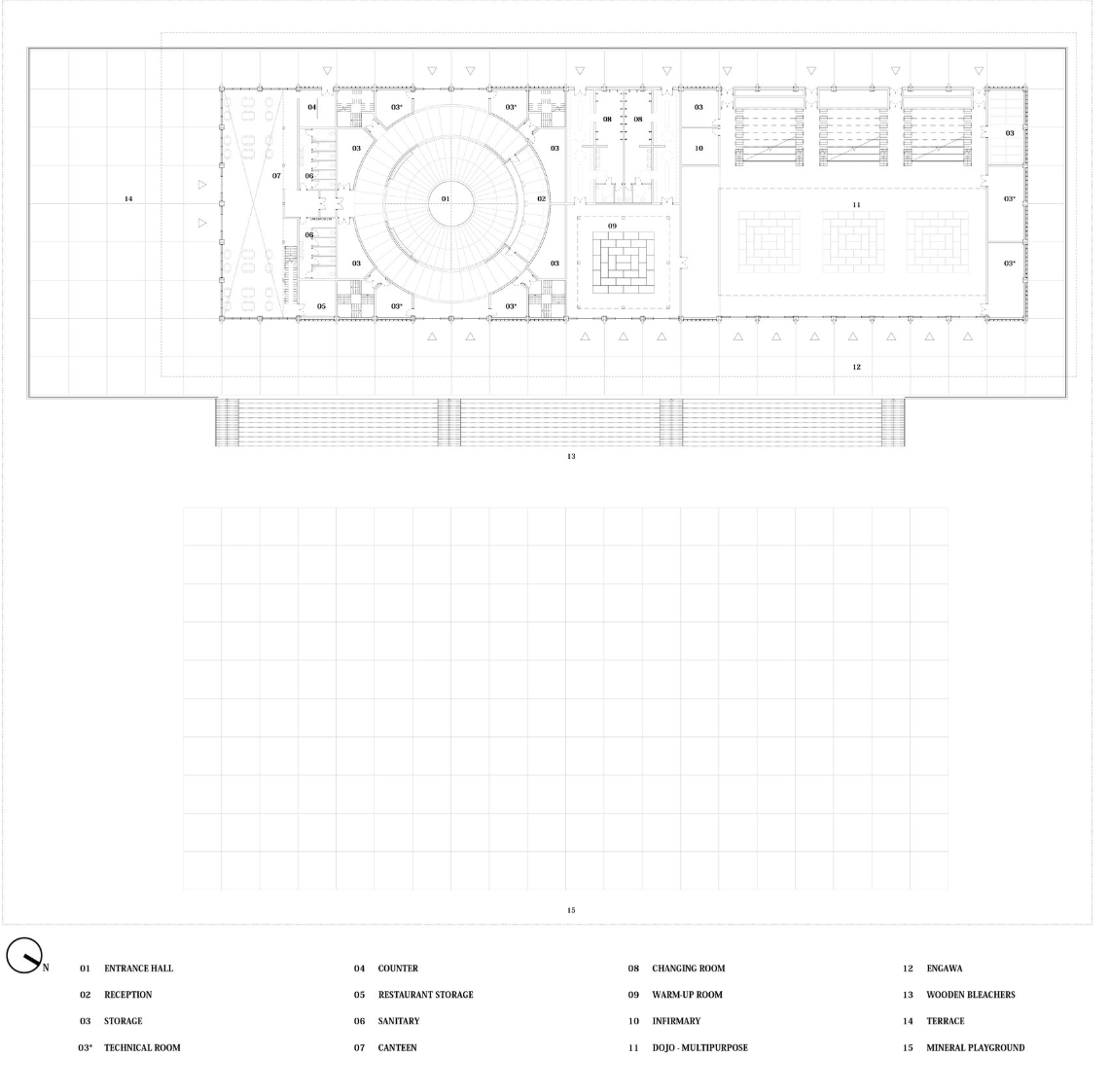 Ground floor plan organizing entrance, canteen, changing rooms, infirmary, dojo hall, terrace, and mineral playground.