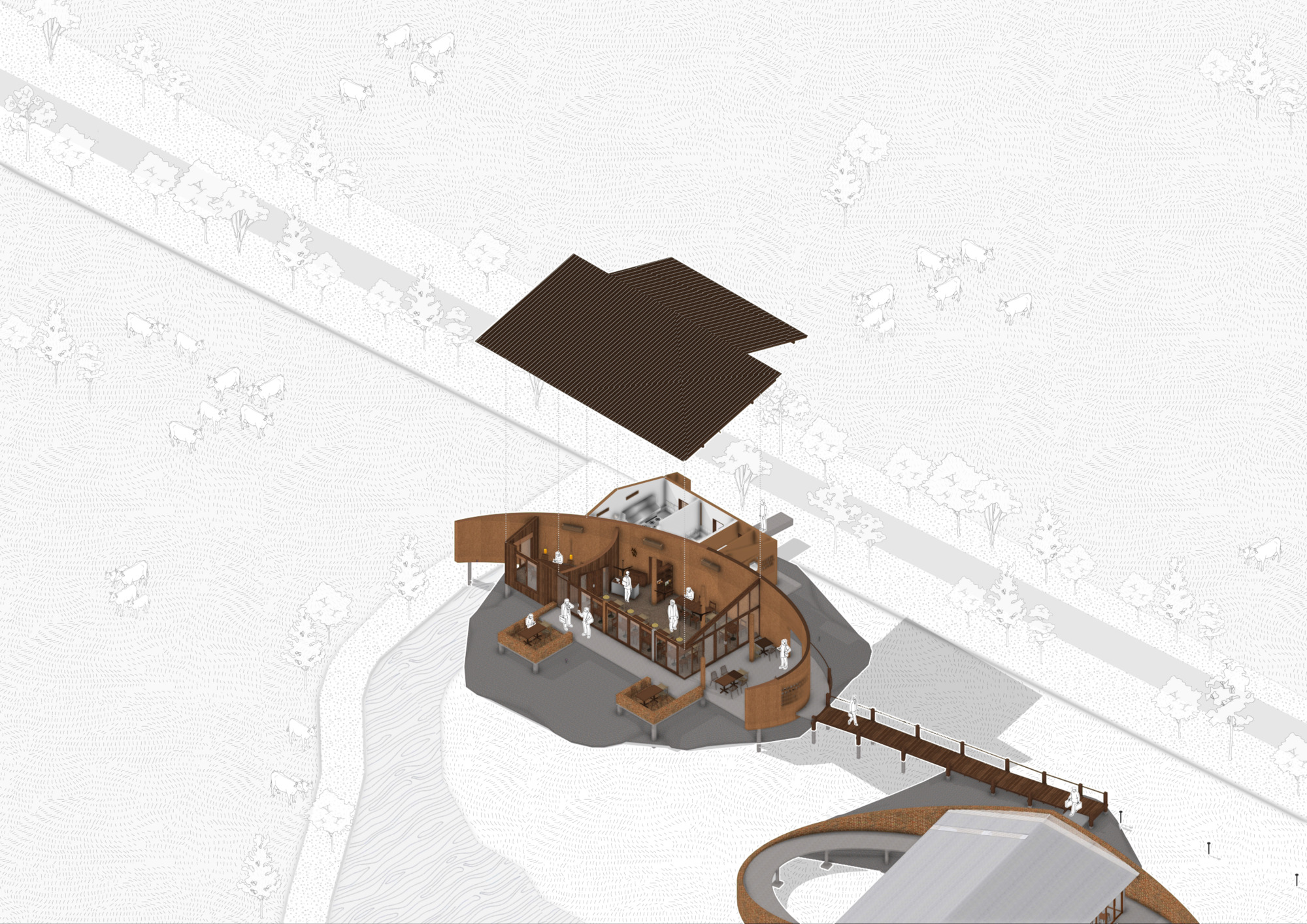 Axonometric drawing showing the exploded roof assembly and interior layout with surrounding landscape