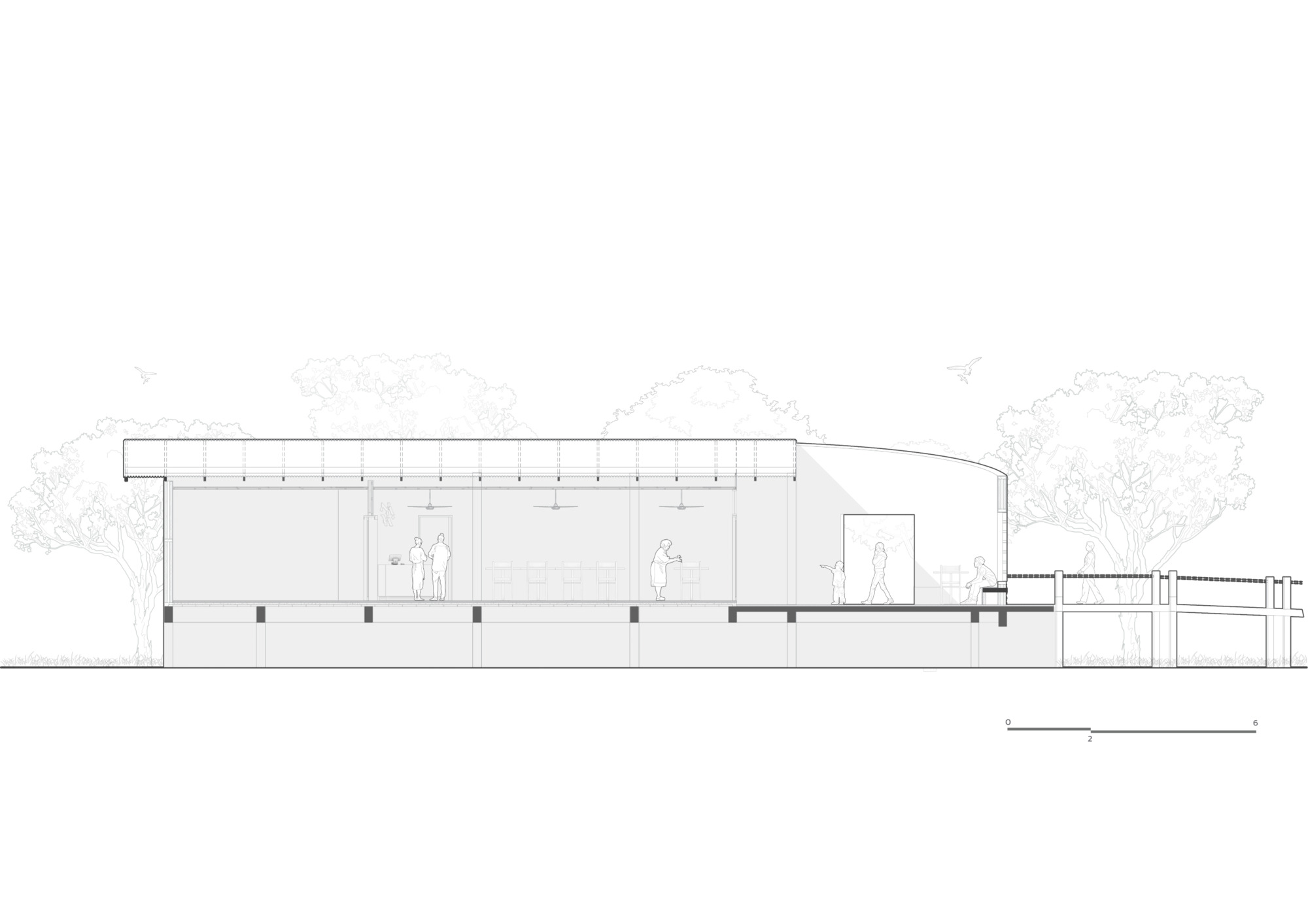 Elevation drawing of the single-story structure with flat roof and raised terrace flanked by trees