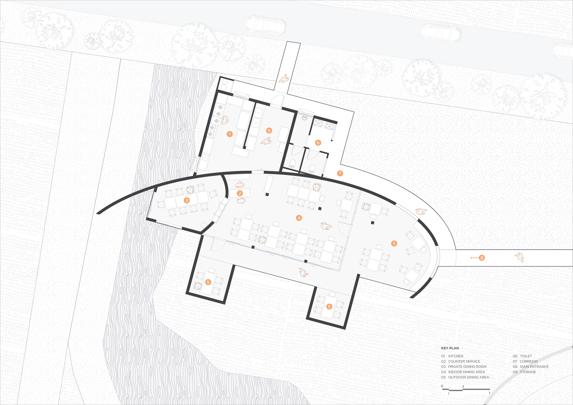 Floor plan drawing showing curved perimeter walls enclosing flexible interior spaces adjacent to water