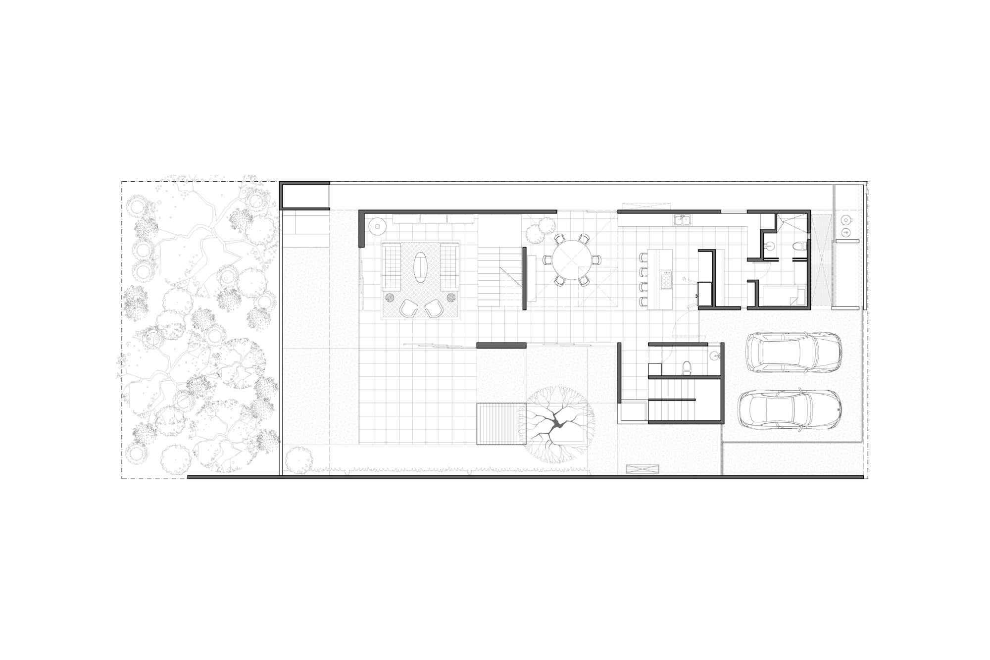 Ground floor plan drawing showing living, dining and kitchen zones, a central tree courtyard, two parked cars and a planted garden