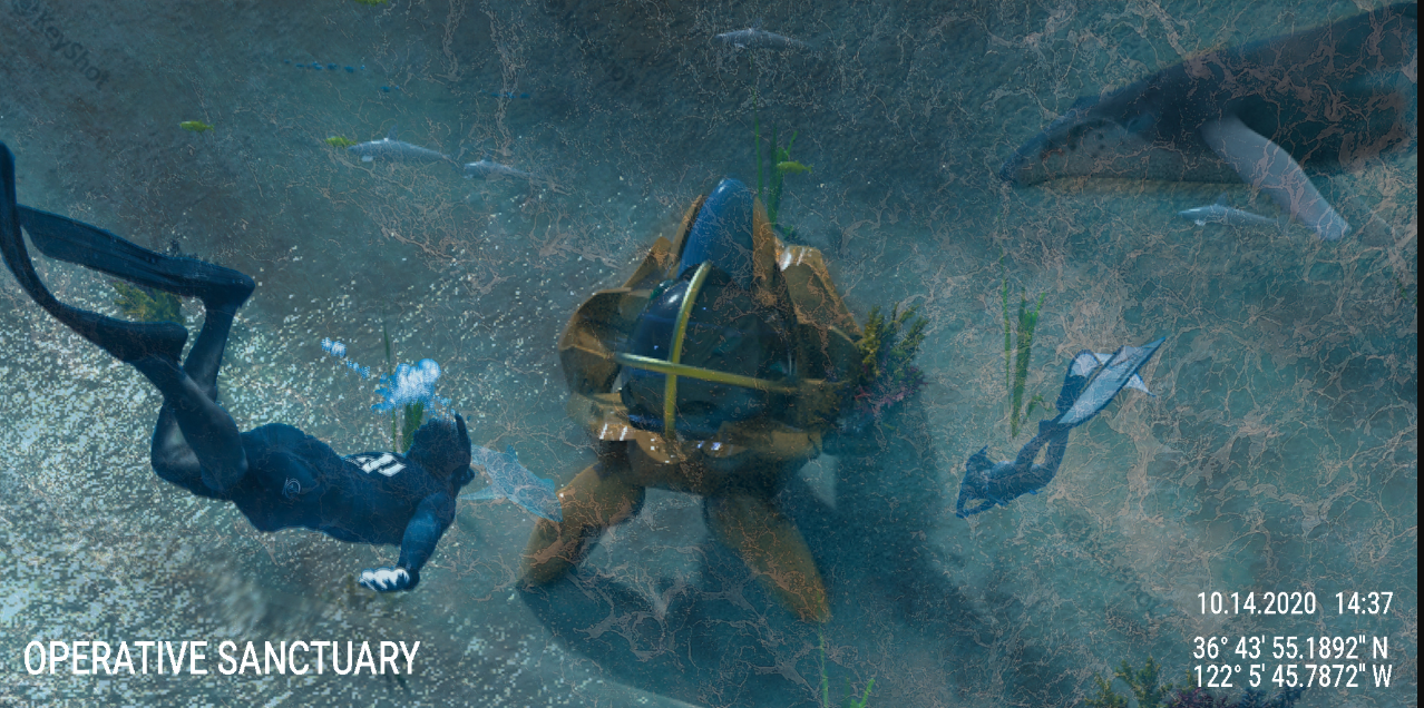 Overhead view of three divers exploring a submerged concrete foundation on a sandy ocean floor