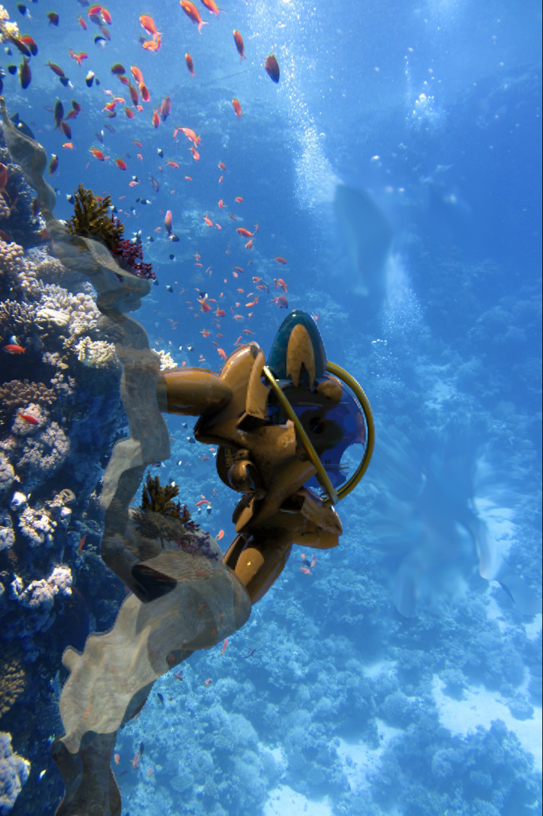 Submerged sculptural figure attached to a concrete structure surrounded by coral and tropical fish