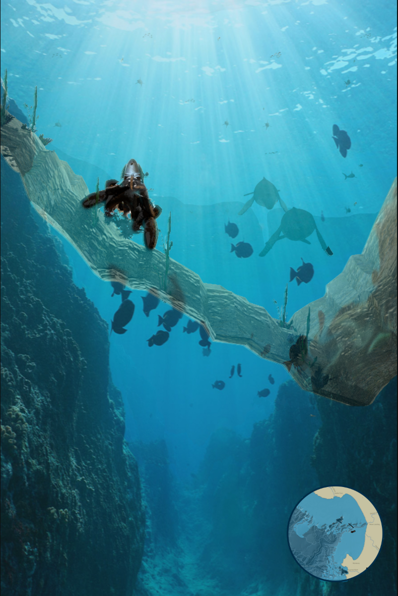 Underwater view of divers swimming along a large submerged concrete beam in clear blue water