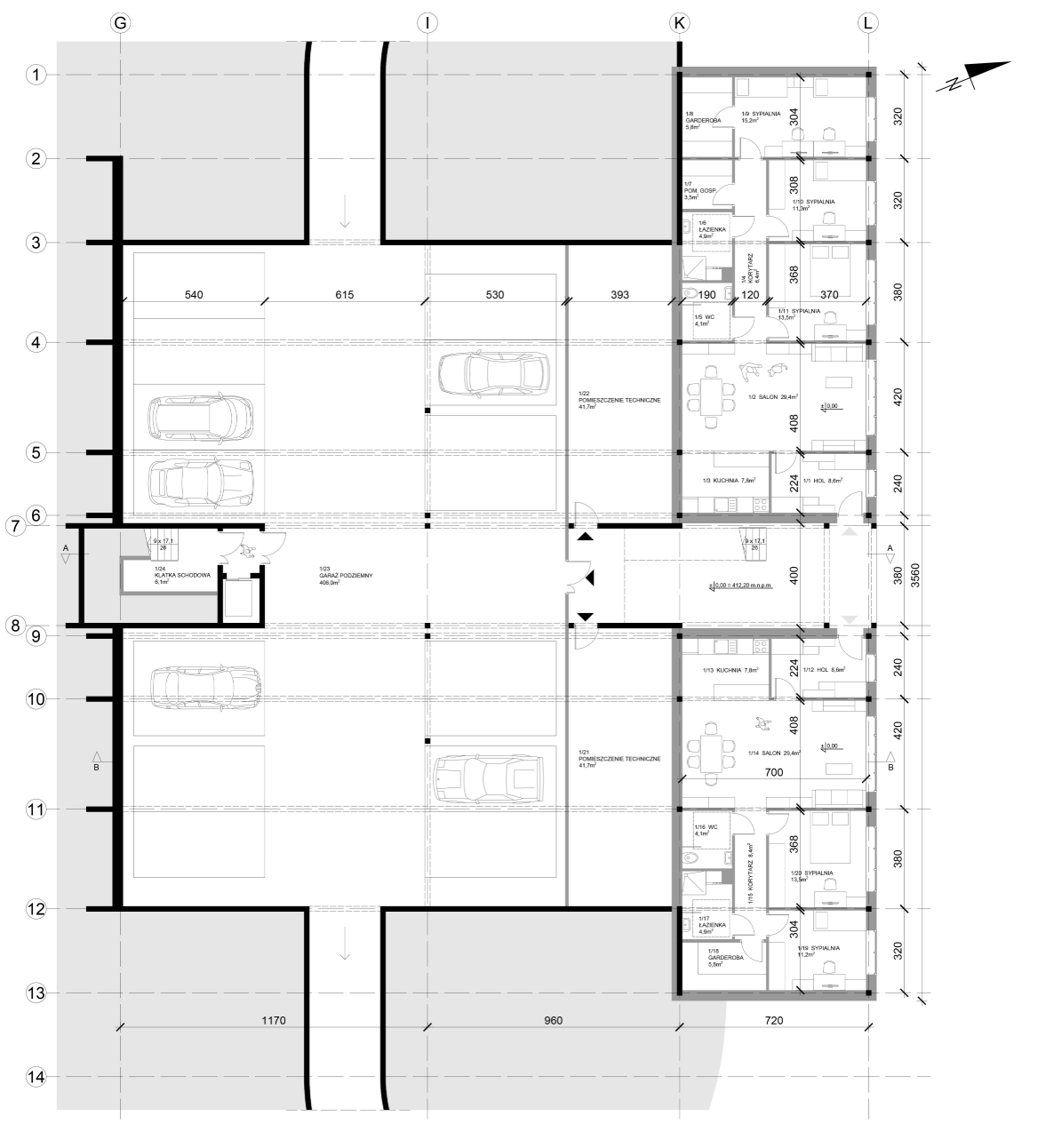 Ground-level plan integrates parking, technical spaces, circulation, and residential units within the terraced building system.