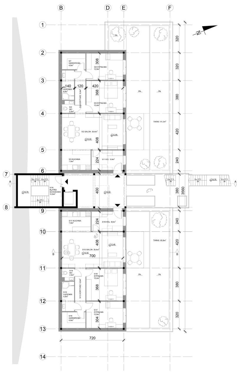 Upper-level plan reveals spacious apartments connected to large private terraces and landscaped outdoor areas.