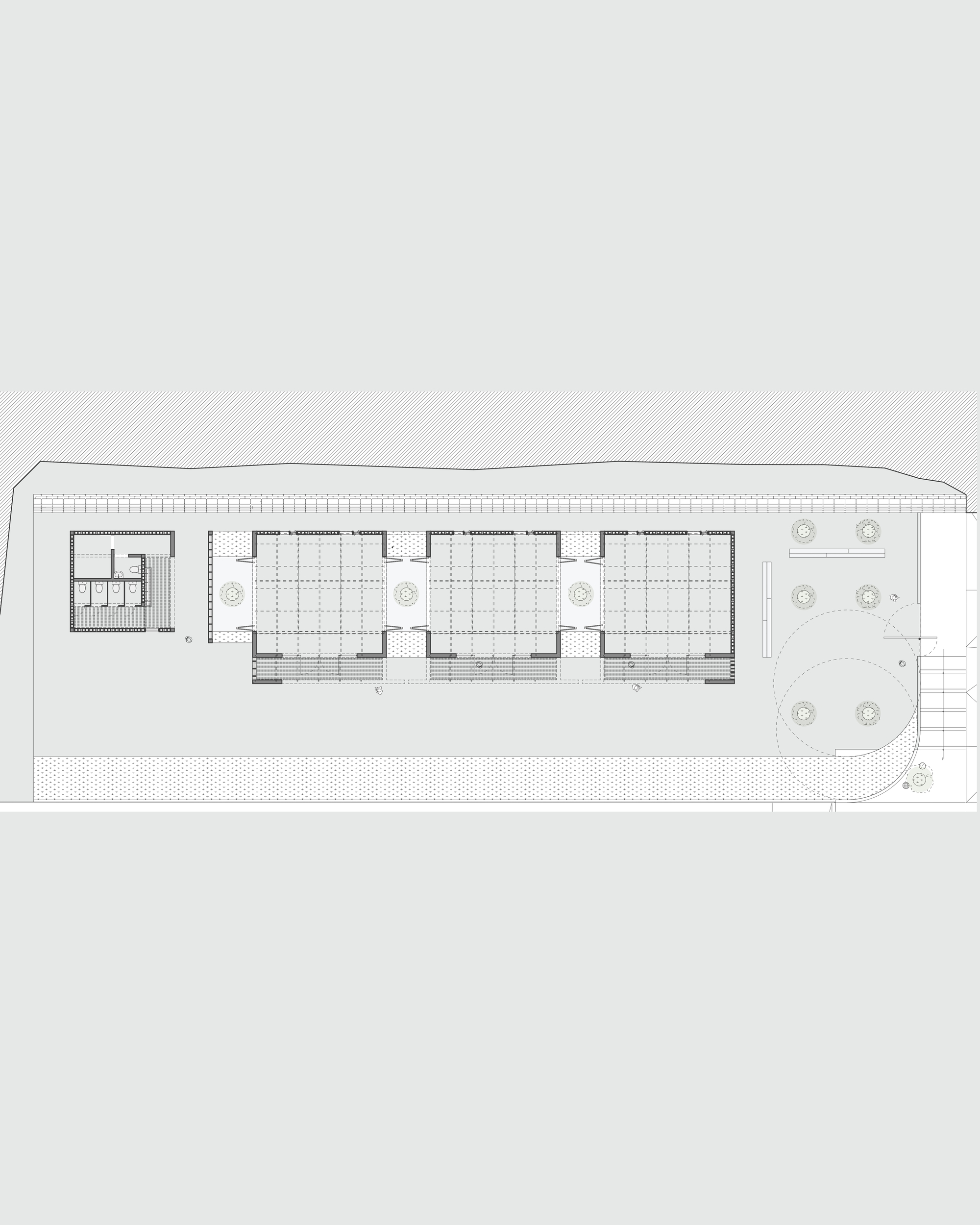 Floor plan showing three repeated bays with a courtyard at one end