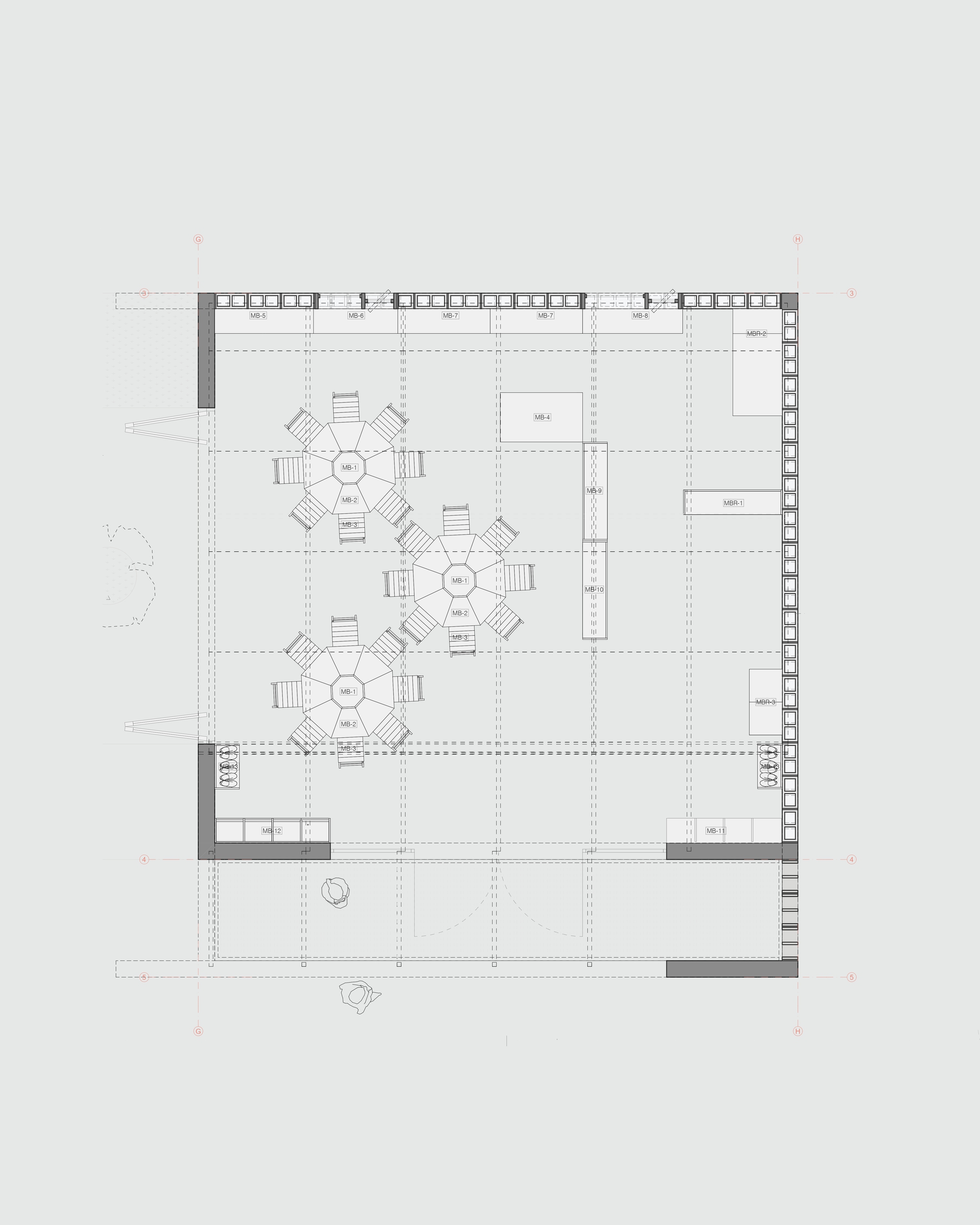 Floor plan with three octagonal table arrangements and service zones along the perimeter