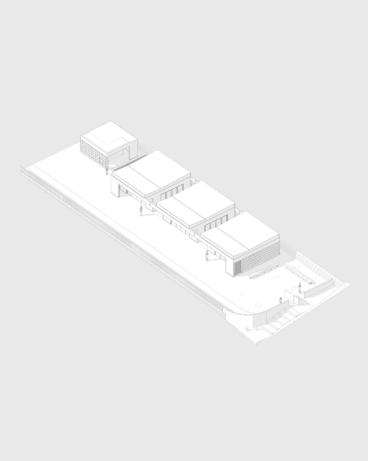 Axonometric drawing of three connected pavilions with flat roofs and a courtyard below