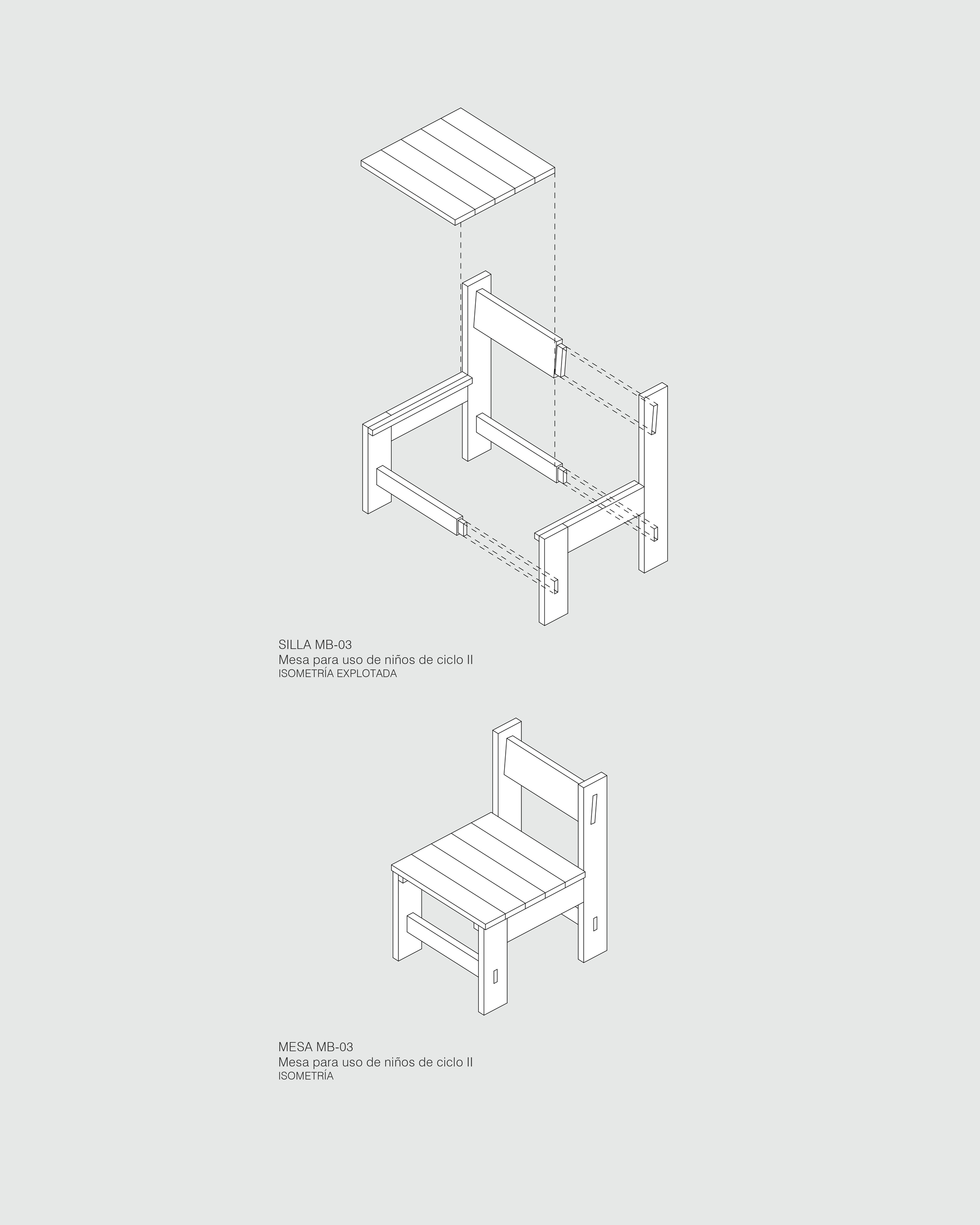 Isometric drawing of chair and table furniture assembly with timber members