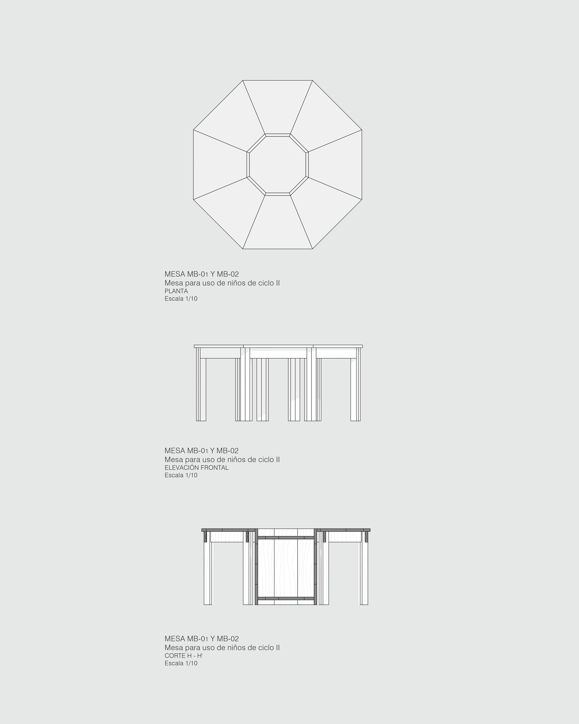 Plan and elevation drawings of octagonal table and bench seating configurations