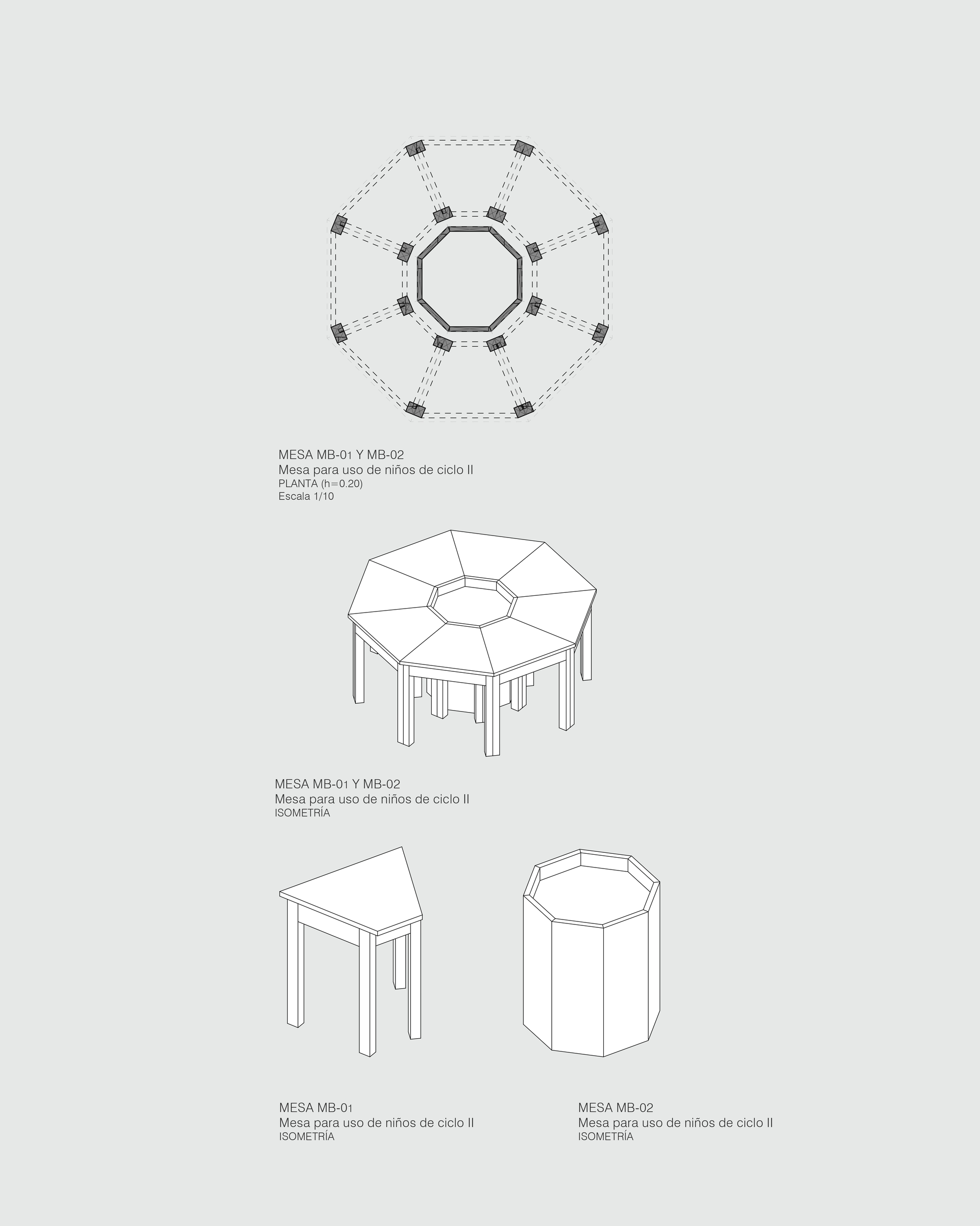 Isometric drawing showing modular table configurations with an octagonal central element and triangular components