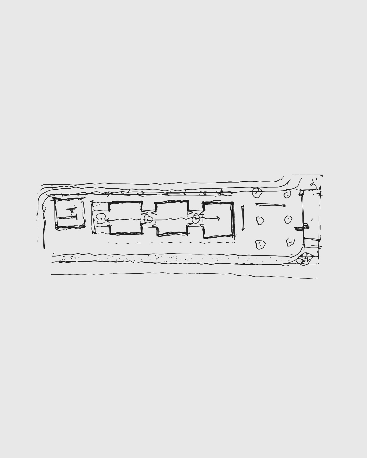 Site plan sketch depicting rectangular volumes arranged linearly along a road with scattered trees