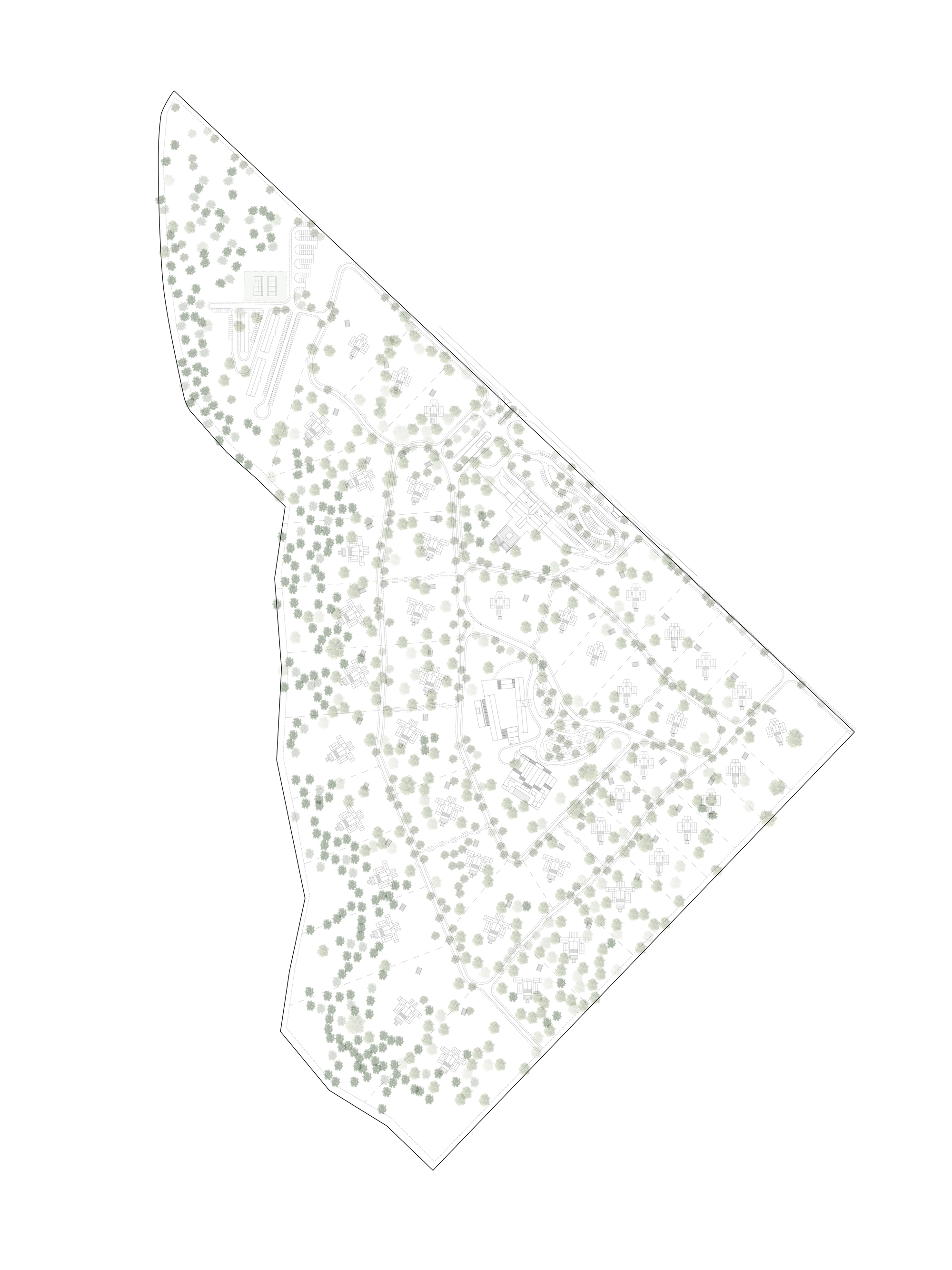 Site plan drawing showing scattered tree canopies and building footprints within a triangular property boundary