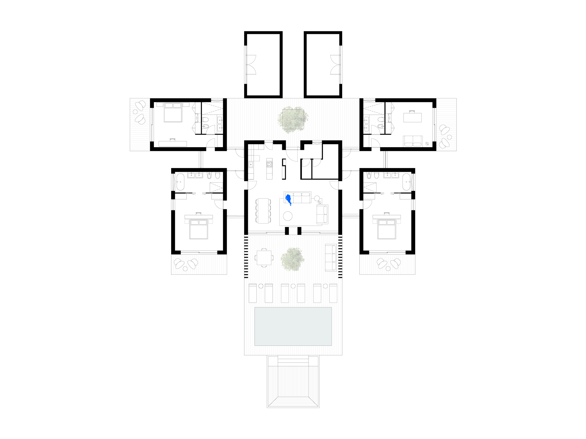 Floor plan drawing showing symmetrical bedroom wings radiating from a central living area with pool terrace
