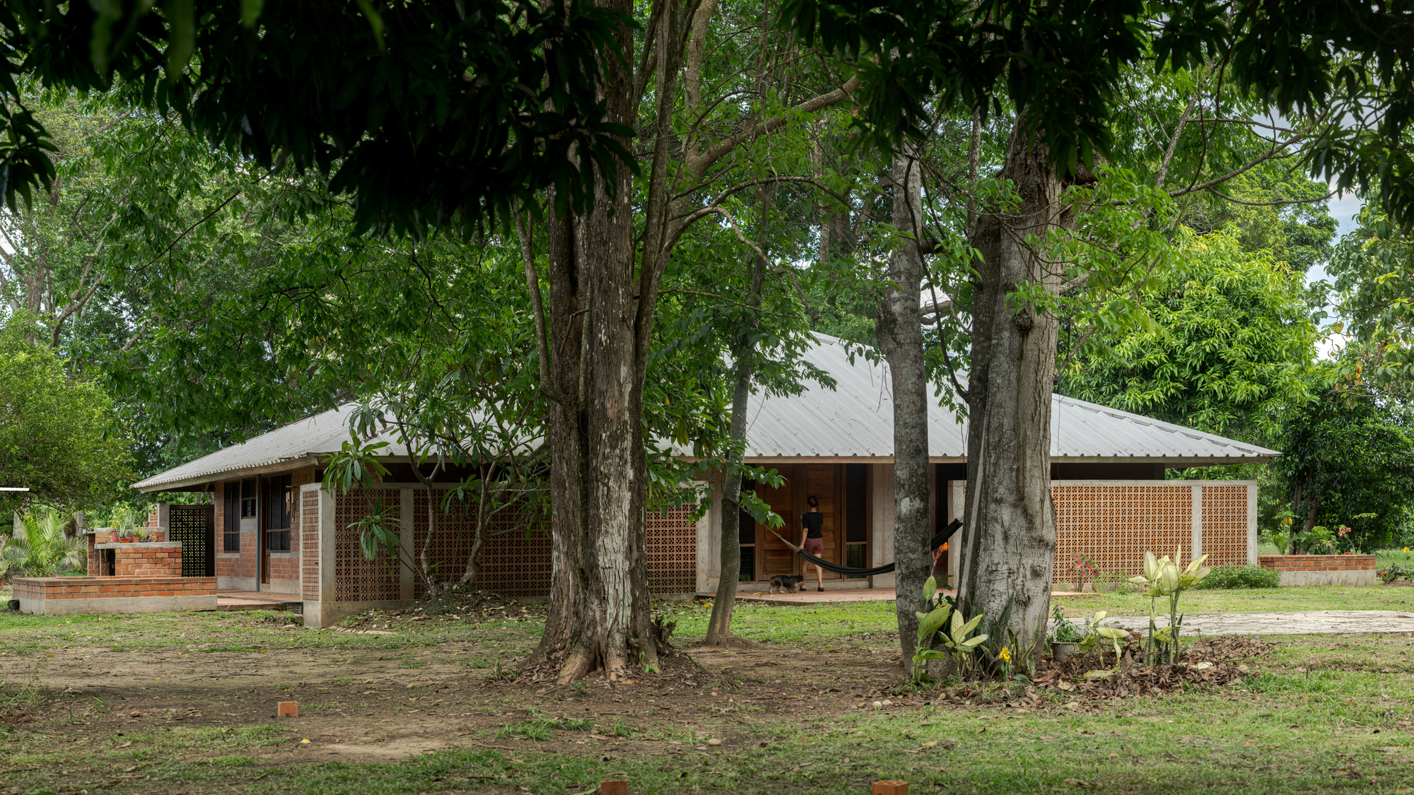 Low-slung residence with hip roof and perforated brick facade viewed through a grove of tall trees