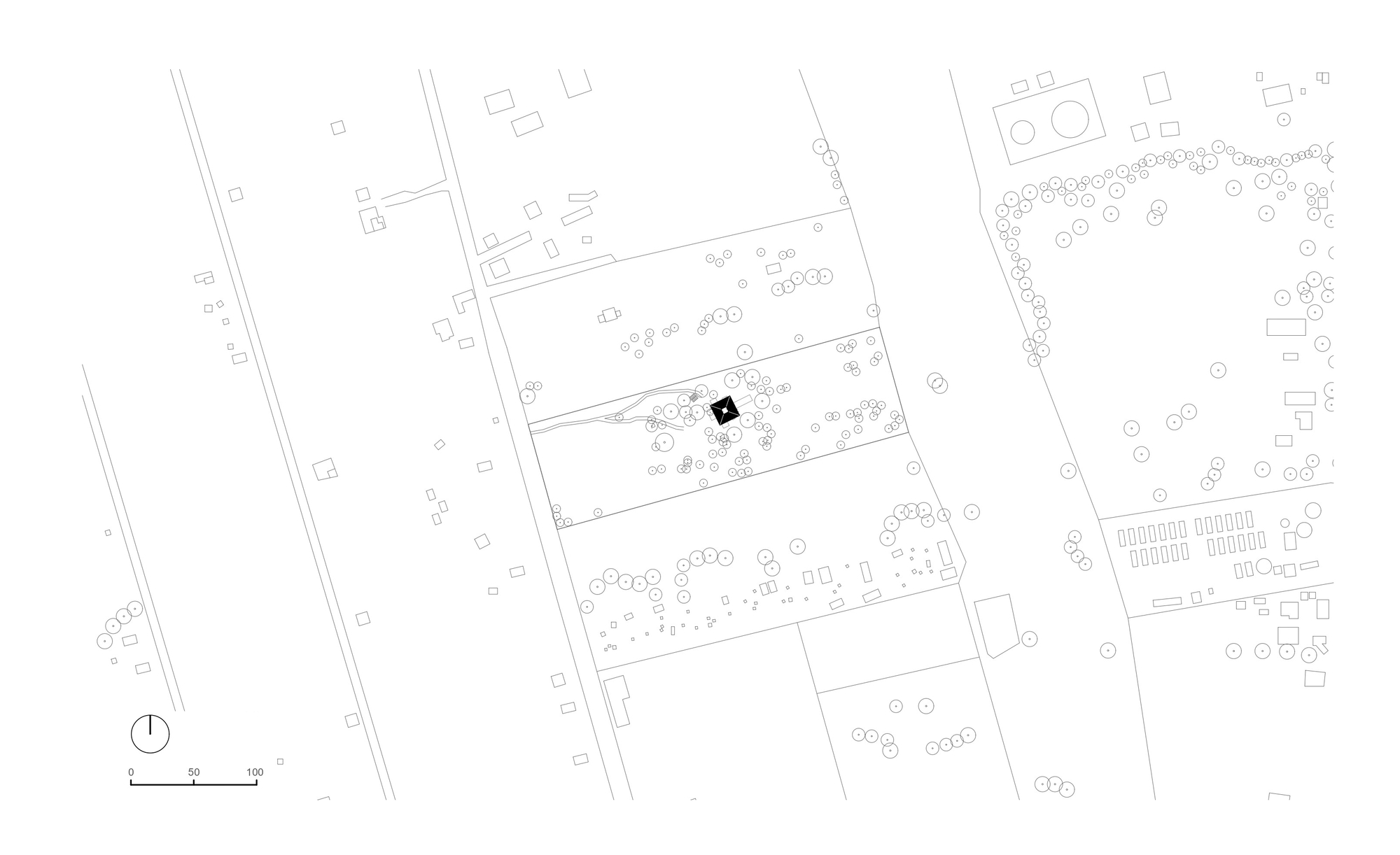 Site plan drawing showing the building footprint centered among scattered trees and neighboring structures