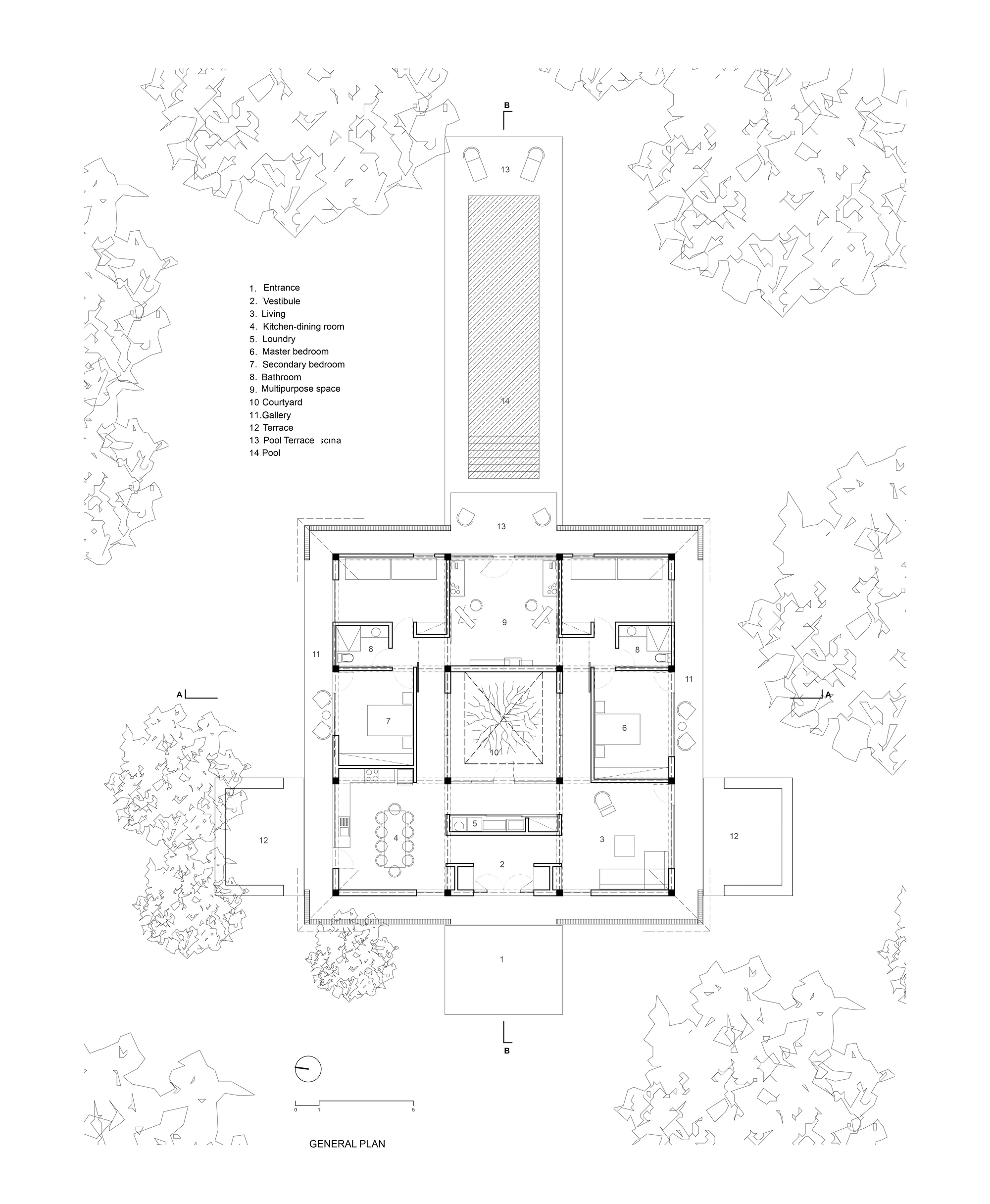General plan drawing showing a square residence with central courtyard surrounded by trees