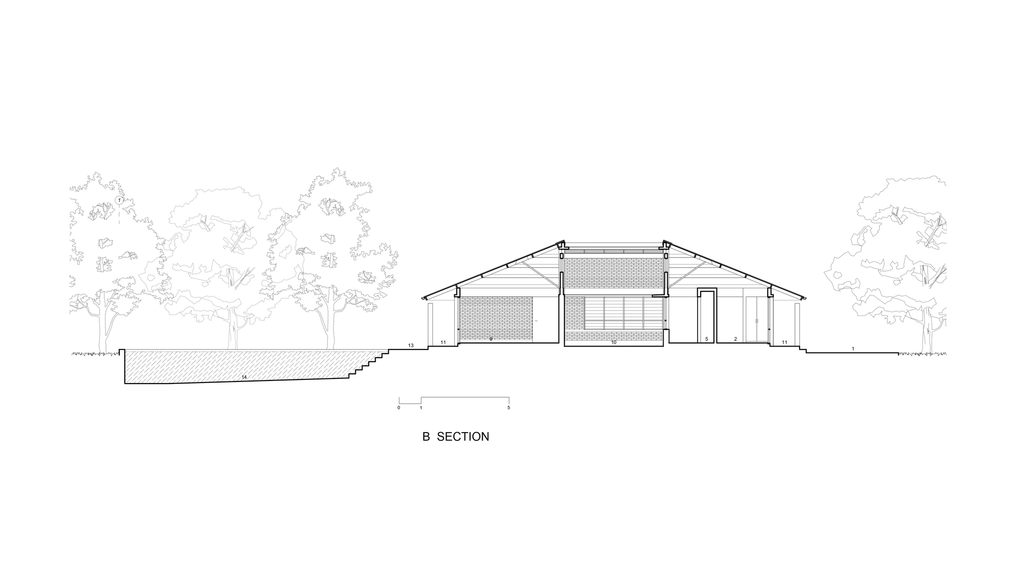 Section drawing revealing the sloping site with low-pitched roof and perimeter vegetation