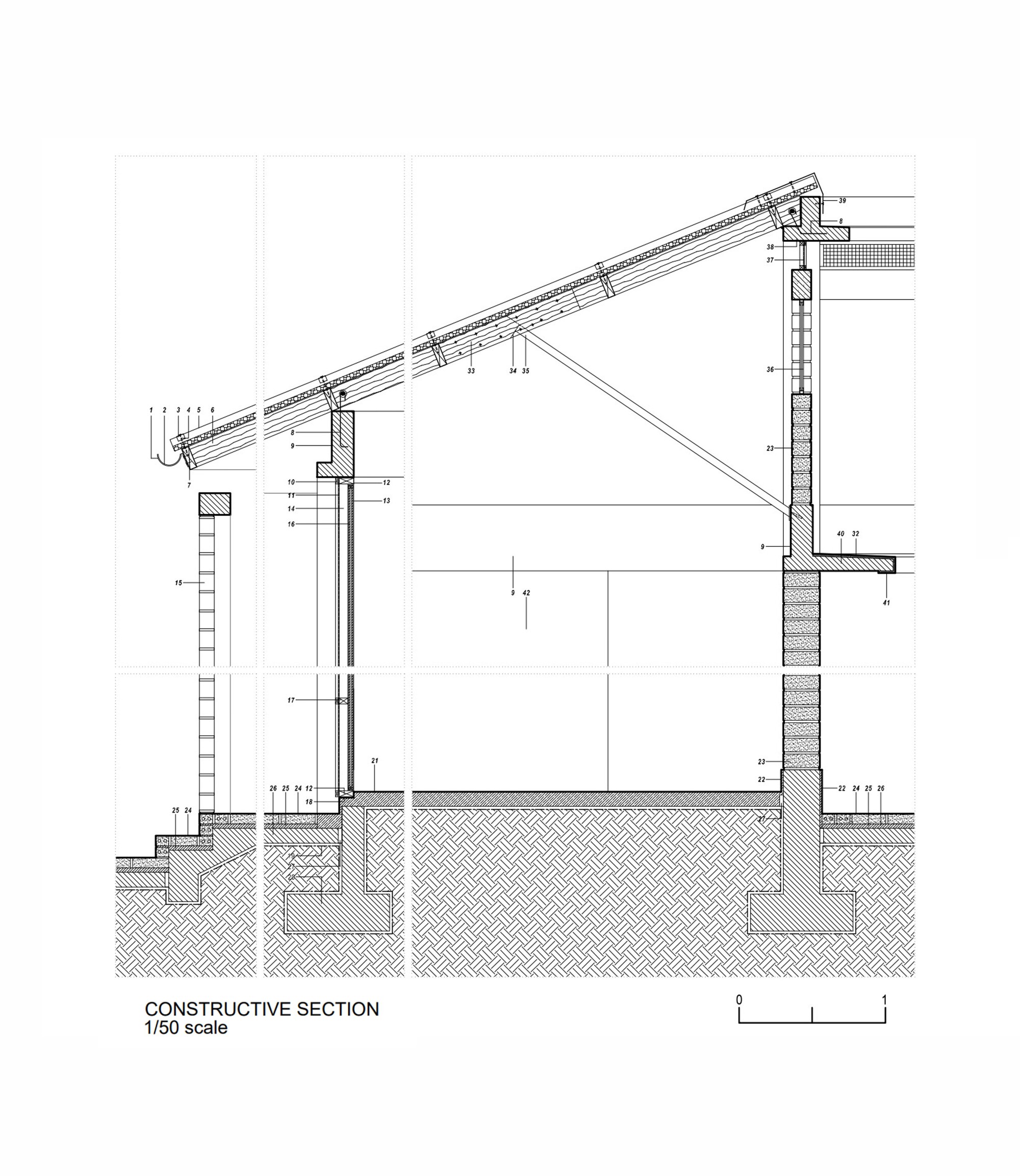 Constructive section drawing detailing the foundation, wall assembly, and angled roof framing system