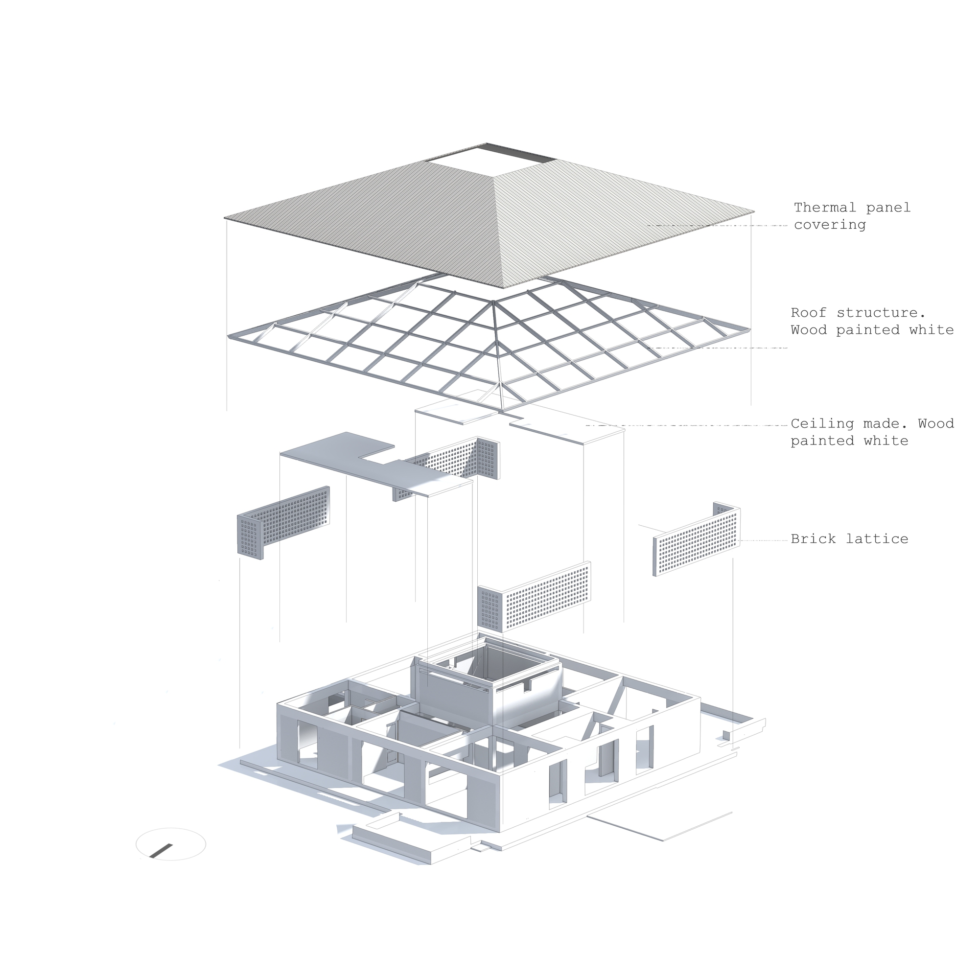 Exploded axonometric drawing showing layered roof structure, brick lattice screens, and interior partition walls